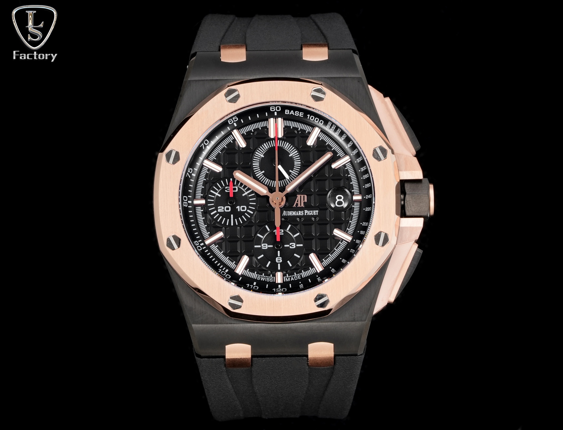 NO:728548,LS.Factory Audemars Piguet Royal Oak Offshore 26401RO.OO.A002CA.02 New upgraded version, to eliminate fakes at first glance 1. The movement adopts Shanghai (12 small seconds) modified Cal.3126 movement, [enlarged magnifying glass calendar, better appearance] quality is more stable. 2. The case is made of Japanese 316  Made of fine steel, the steel case is brighter and brighter (not ordinary 306 steel for market use) 3. The ring is made of Korean imported ceramics (black, blue, green, ceramic ring) and the mirror is sapphire glass 4. The strap is made of imported fluorine rubber tape, which is more comfortable to wear and feels better 5.  The dial is upgraded, the dial pattern is slow-cut by CNC (not hydraulic), the finished pattern is clear, and the iconic squares are now connected to each other by crosses.,,audemars19860909LS .Factory 爱彼 Audemars Piguet  皇家橡树离岸型26401RO.OO.A002CA.02 全新升级版,杜绝一眼假 1, 机芯采用上海（12 小秒）改 Cal.3126 机芯,【加大放大镜日历,更佳美观】质量更稳定. 2, 表壳采用日本 316 精钢打造,显示出钢壳更佳鲜亮（非市场用普通 306 钢） 3, 圈口采用韩国进口陶瓷（有黑色,蓝色,绿色,陶瓷圈口）镜面采用蓝宝石玻璃镜面 4, 表带采用进口氟橡胶胶带,配带起来更加舒服,手感更好 5, 表盘升级,表盘纹路由CNC慢冼（非油压式）,成品纹路清晰,标志性的方形现在通过十字相互连接.,,audemars,Watch