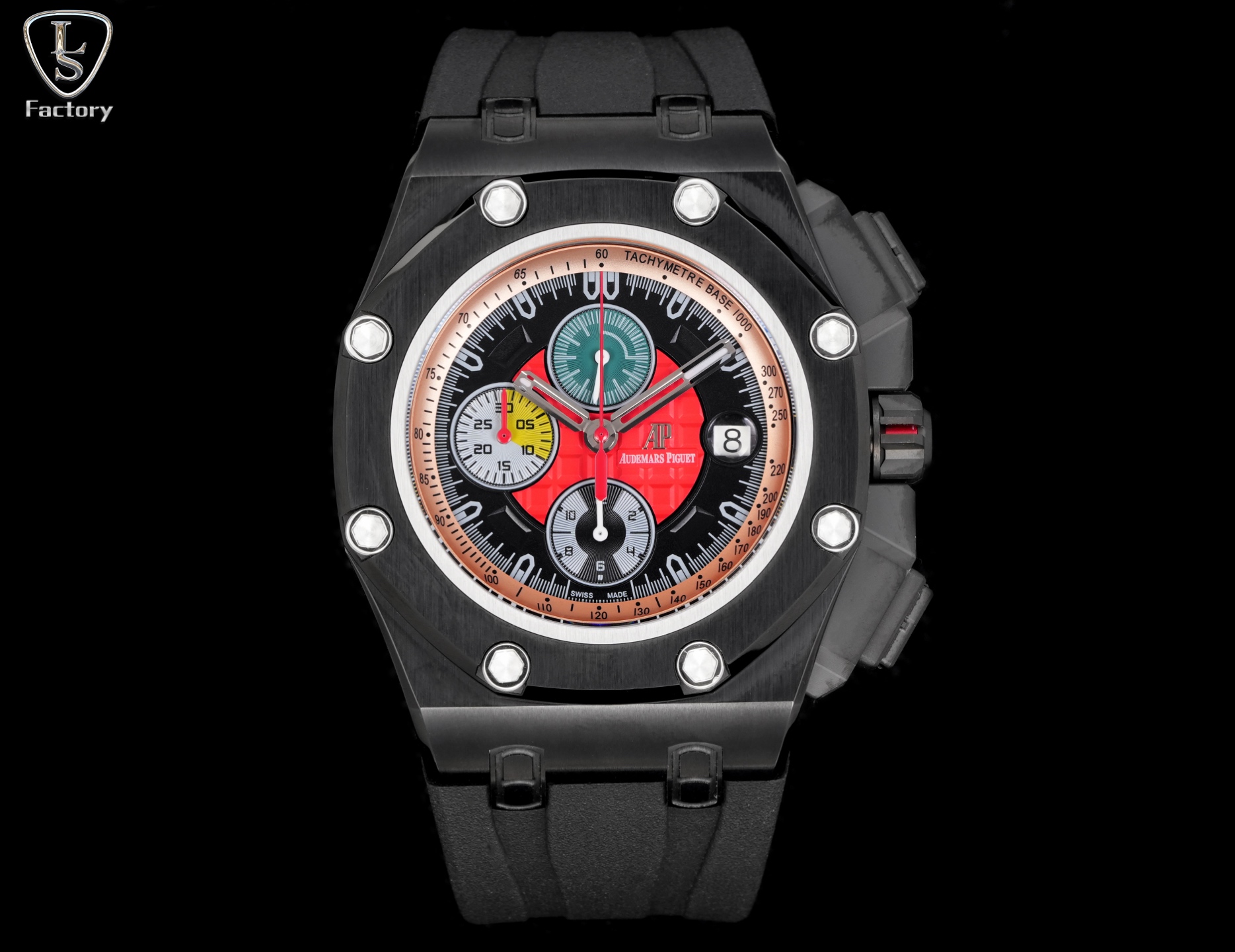 NO:728595,LS.Factory Audemars Piguet Michael Schumacher Royal Oak Offshore 26568PM.OO.A021CA.01 A brand new upgraded version, to eliminate fakes at first glance, turned out!  The Michael Schumacher Royal Oak Offshore Chronograph developed by Audemars Piguet has a diameter of 44 mm, which is impeccable and can be called the ceiling level. 1. The movement adopts Shanghai (12 small seconds) modified Cal.3126/movement. [Enlarge the magnifying glass calendar, better appearance] The quality is more stable. 2. The case is made of Japanese 316 stainless steel, which shows that the steel case is more bright (non-market ordinary 306 steel) 3.  The mirror is made of sapphire glass. 4. The strap is made of imported fluorine rubber tape, which is more comfortable to wear and feels better. 5. The dial is upgraded. The dial pattern is slow-cut by CNC (not hydraulic type). The finished pattern is clear. The iconic squares are now connected to each other by crosses.,,audemars19860909LS .Factory 爱彼 Audemars Piguet  迈克尔·舒马赫皇家橡树离岸型 26568PM.OO.A021CA.01 全新升级版,杜绝一眼假,横空出世！ 爱彼研制的迈克尔·舒马赫皇家橡树离岸型计时腕表采用44毫米的表径,做到无可挑剔,堪称天花板级别 1, 机芯采用上海（12 小秒）改 Cal.3126/机芯,【加大放大镜日历,更佳美观】质量更稳定. 2, 表壳采用日本 316 精钢打造,显示出钢壳更佳鲜亮（非市场用普通 306 钢） 3, 镜面采用蓝宝石玻璃镜面 4, 表带采用进口氟橡胶胶带,配带起来更加舒服,手感更好 5, 表盘升级,表盘纹路由CNC慢冼（非油压式）,成品纹路清晰,标志性的方形现在通过十字相互连接.,,audemars,Watch