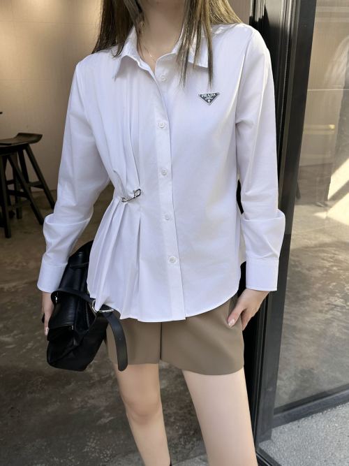 Prada Long Sleeve Shirt with Asymmetrical Pleats and Logo Pin - Slim Fit 1 Prada Long Sleeve Shirt with Asymmetrical Pleats and Logo Pin - Slim Fit