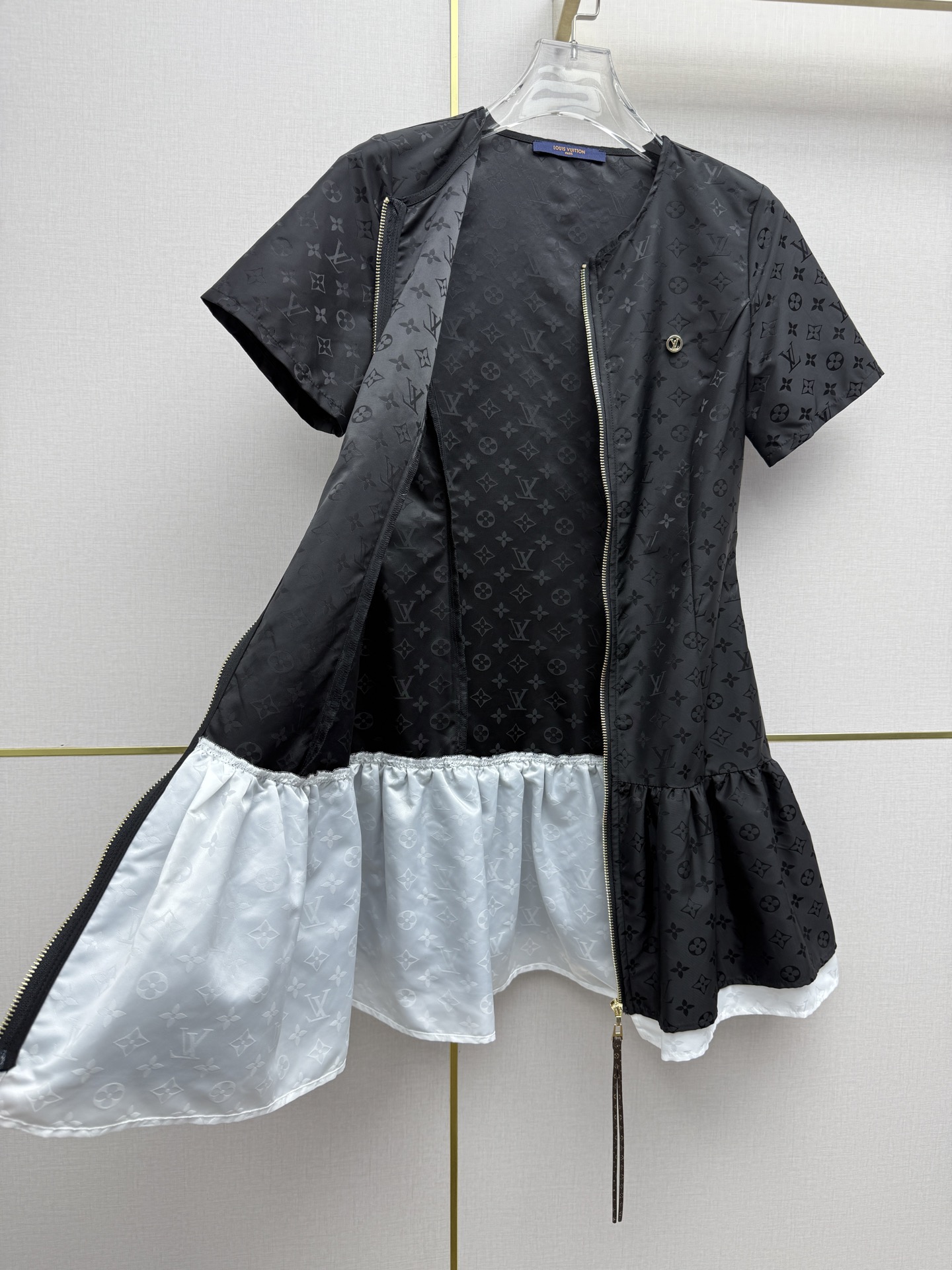LV Embossed Logo Front Zip Short Sleeve Mini Dress