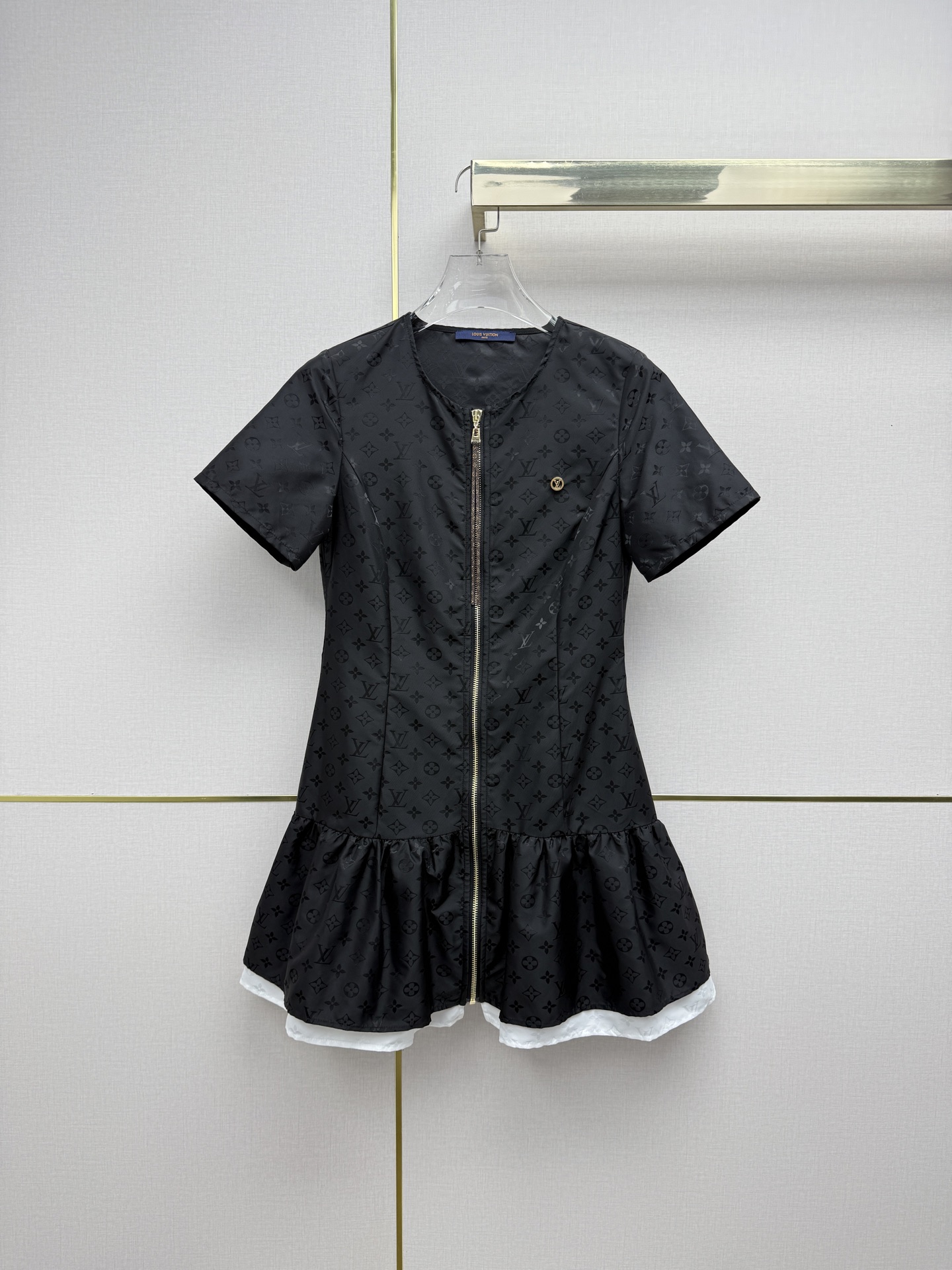 LV Embossed Logo Front Zip Short Sleeve Mini Dress