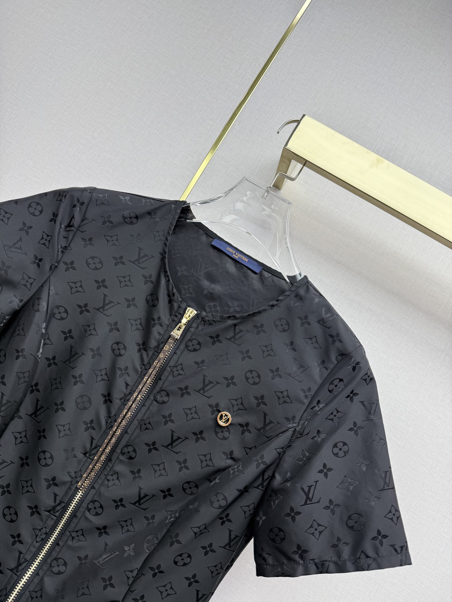 LV Embossed Logo Front Zip Short Sleeve Mini Dress