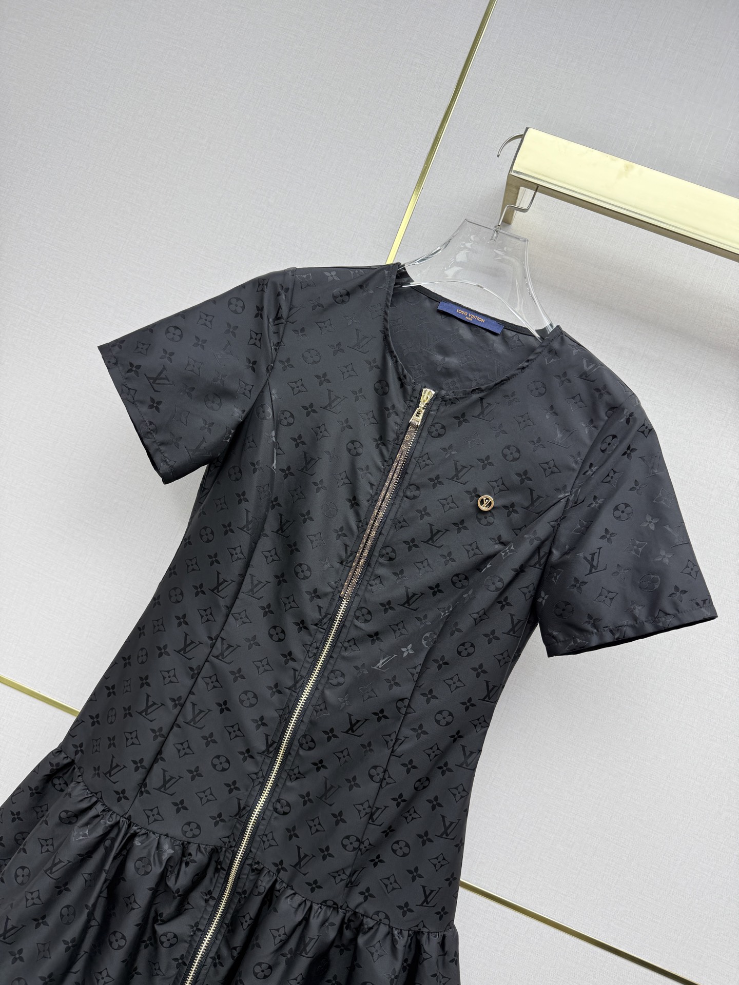 LV Embossed Logo Front Zip Short Sleeve Mini Dress
