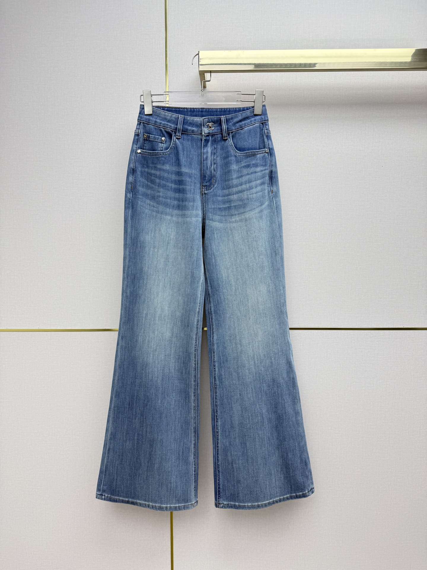 chanel double c button washed flare jeans