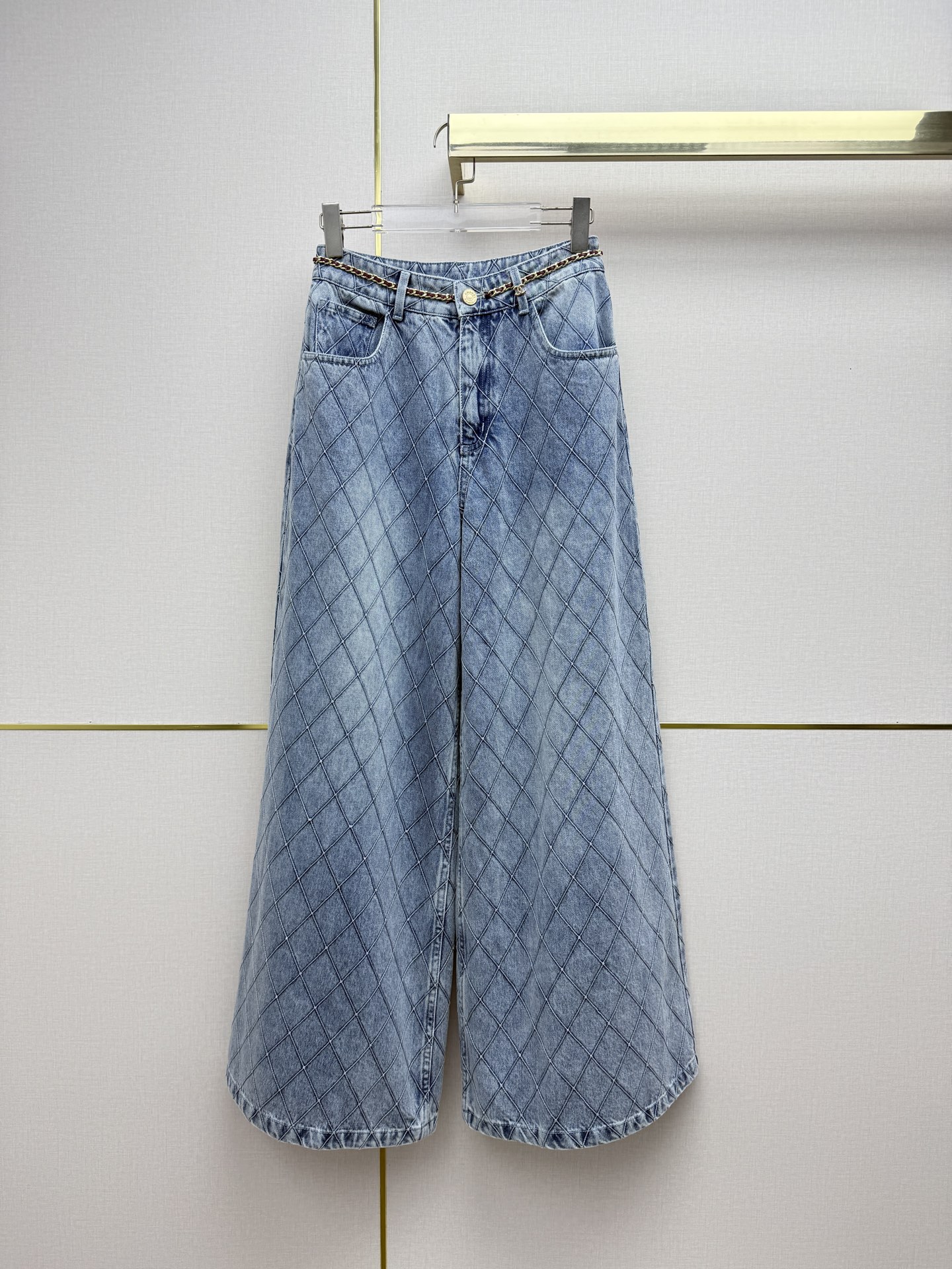 chanel diamond quilted chain trim wide leg jeans