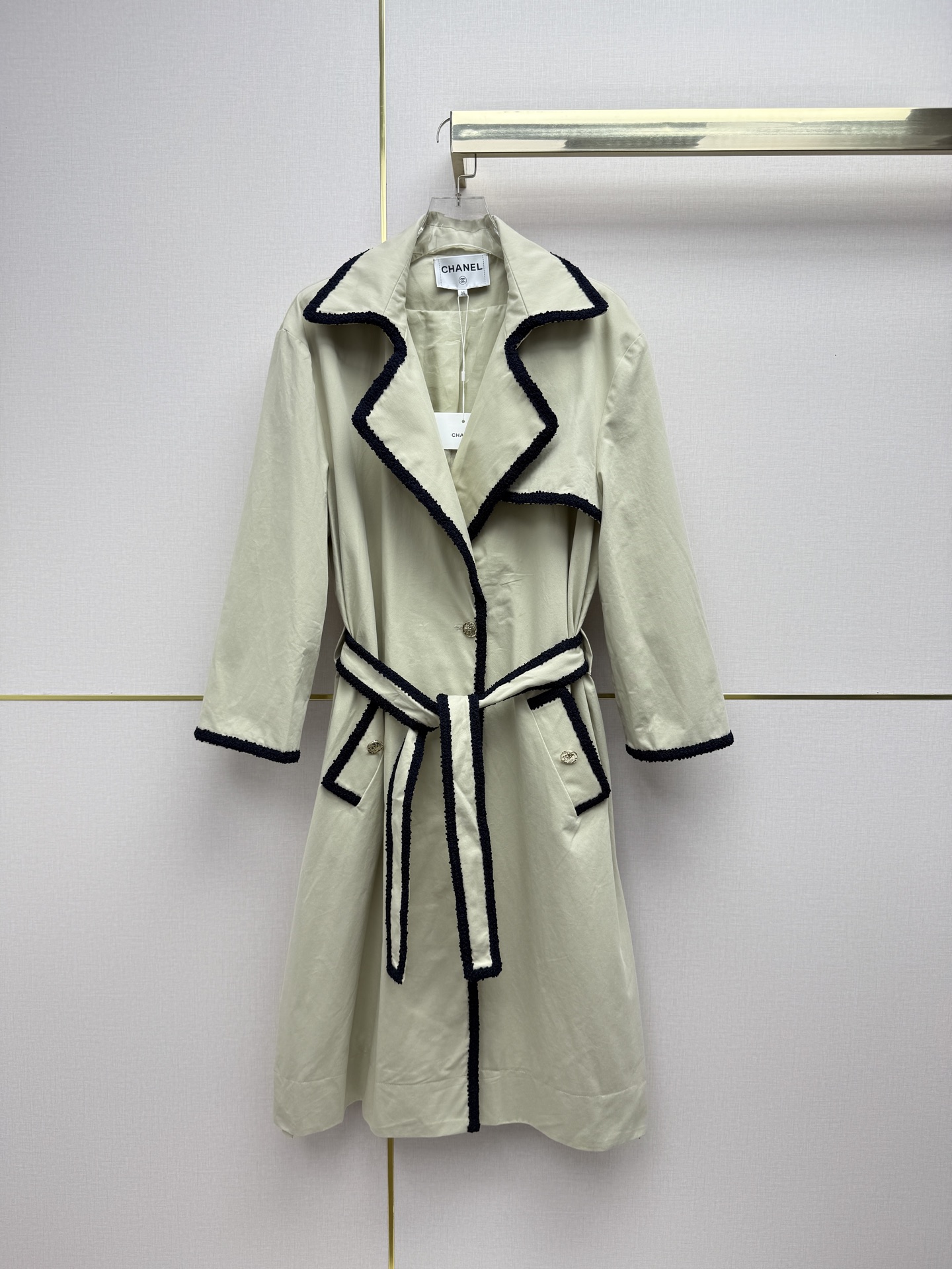 CHANEL Light Beige Braided Trim Belted Coat