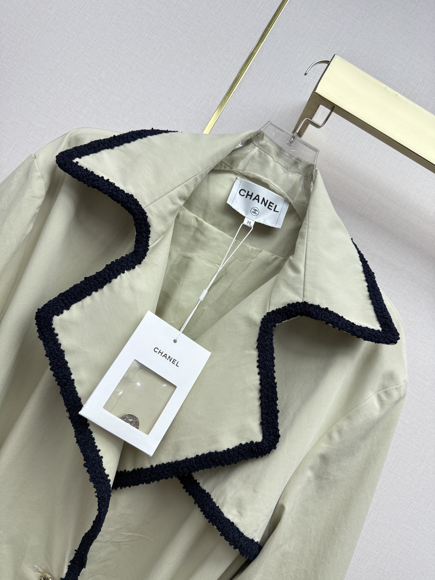 CHANEL Light Beige Braided Trim Belted Coat