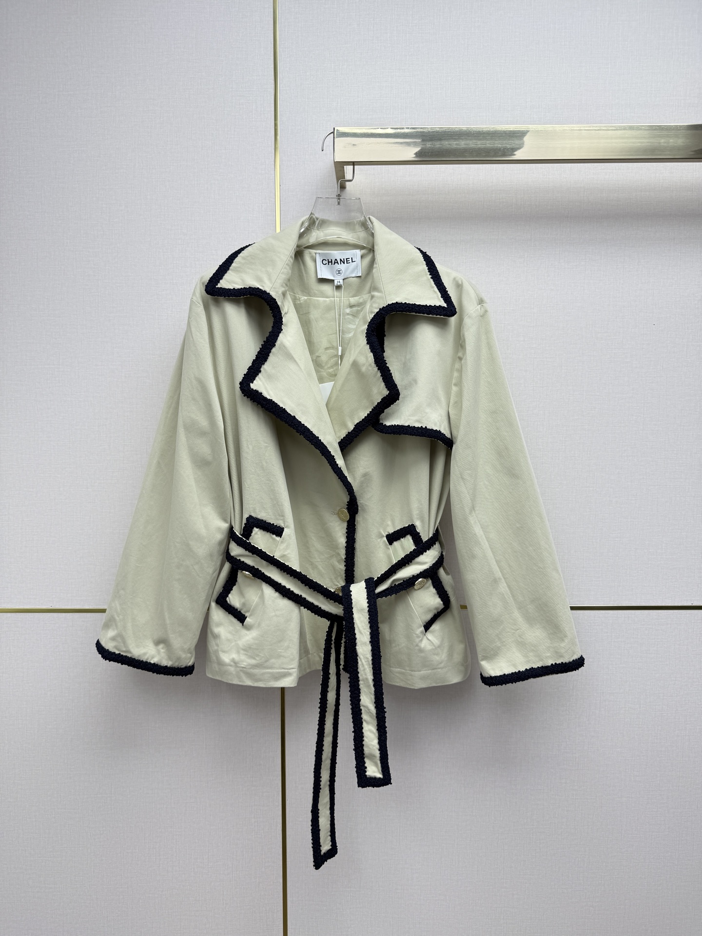 CHANEL Light Beige Braided Trim Belted Jacket