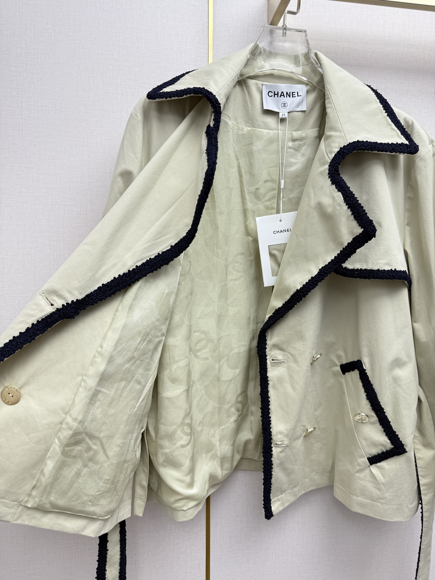 CHANEL Light Beige Braided Trim Belted Jacket