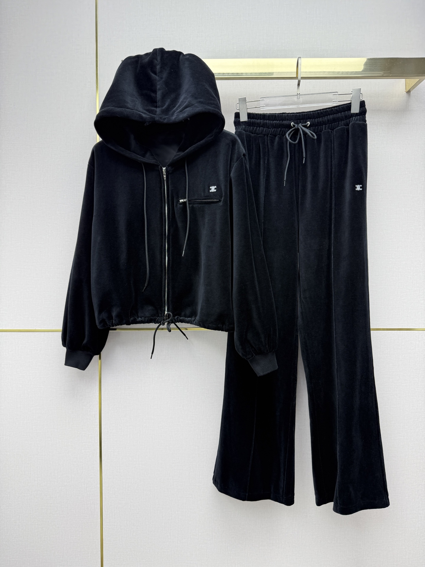 Celine Black Velour Hooded Lounge Set