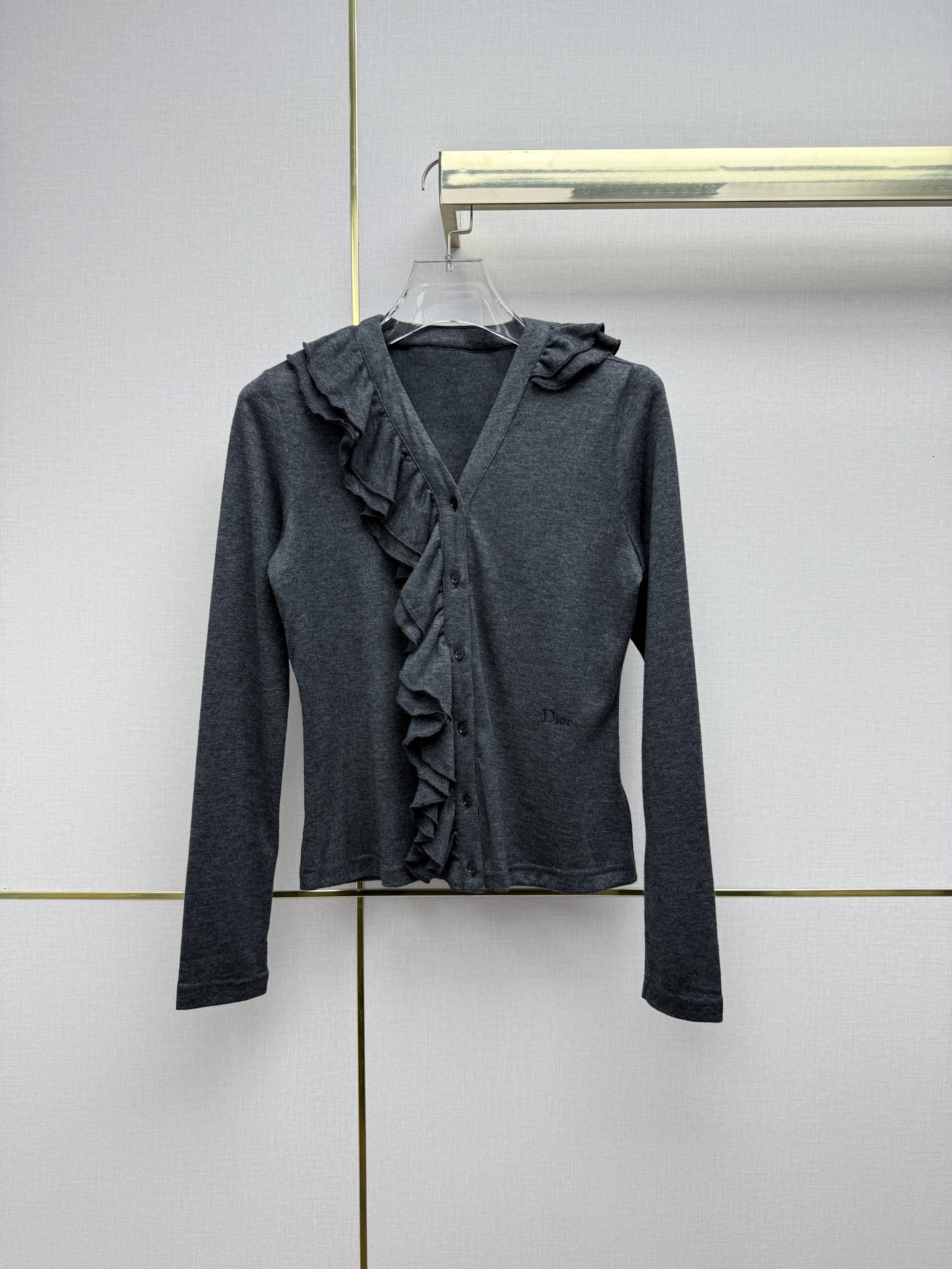 Dior Gray Ruffle Trim Cardigan