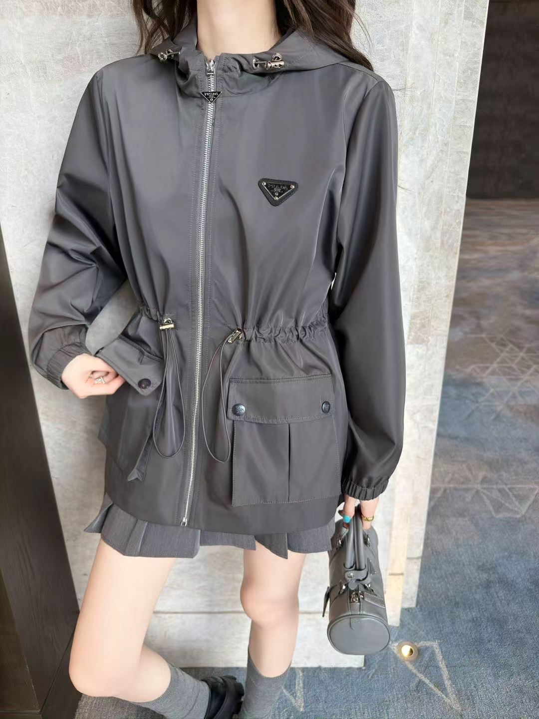 Prada Gray Drawstring Hooded Jacket