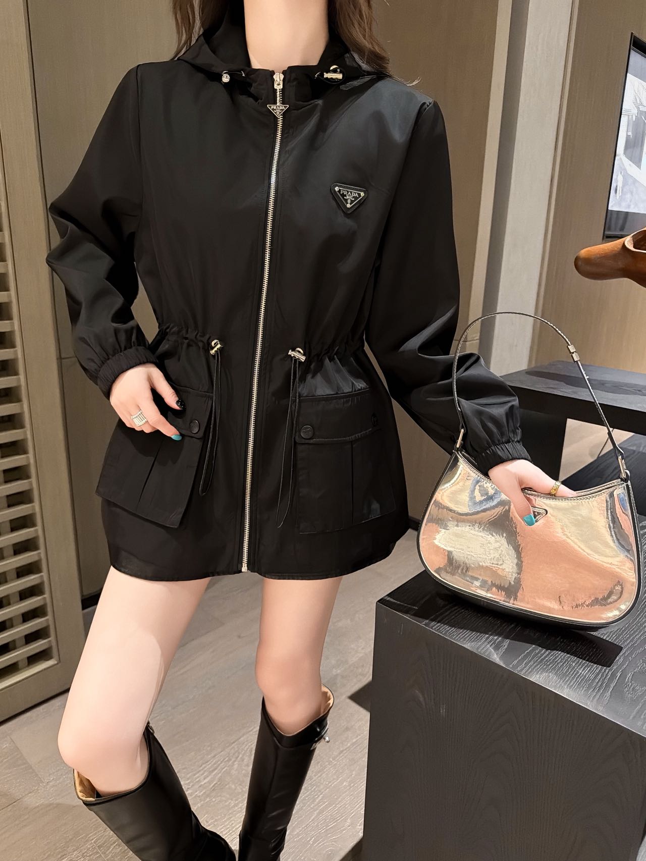 Prada Black Drawstring Hooded Jacket