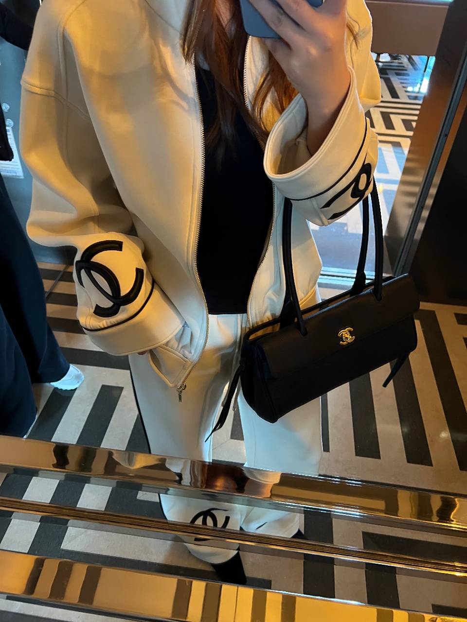 chanel double c zip jacket straight pants set