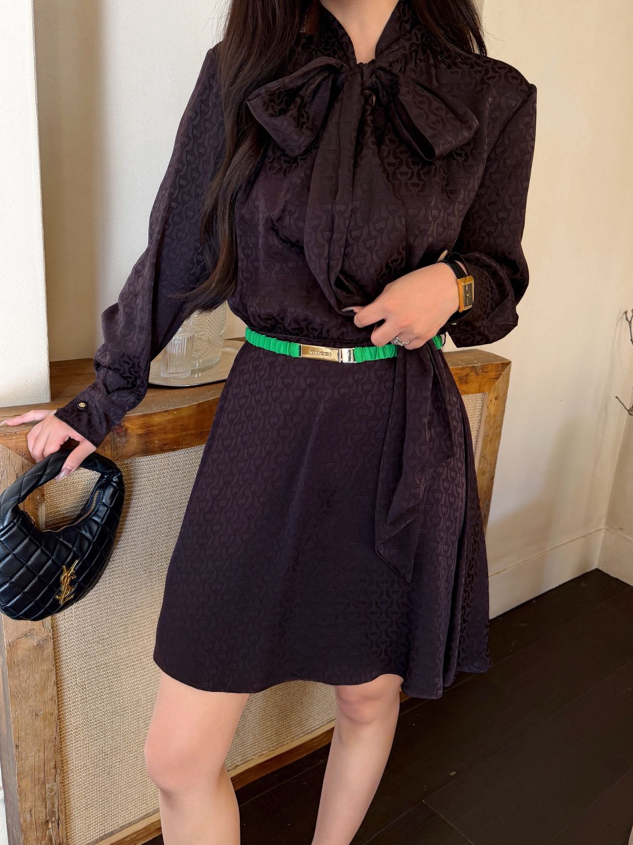 Gucci Bow Neck Belted Shirt Dress