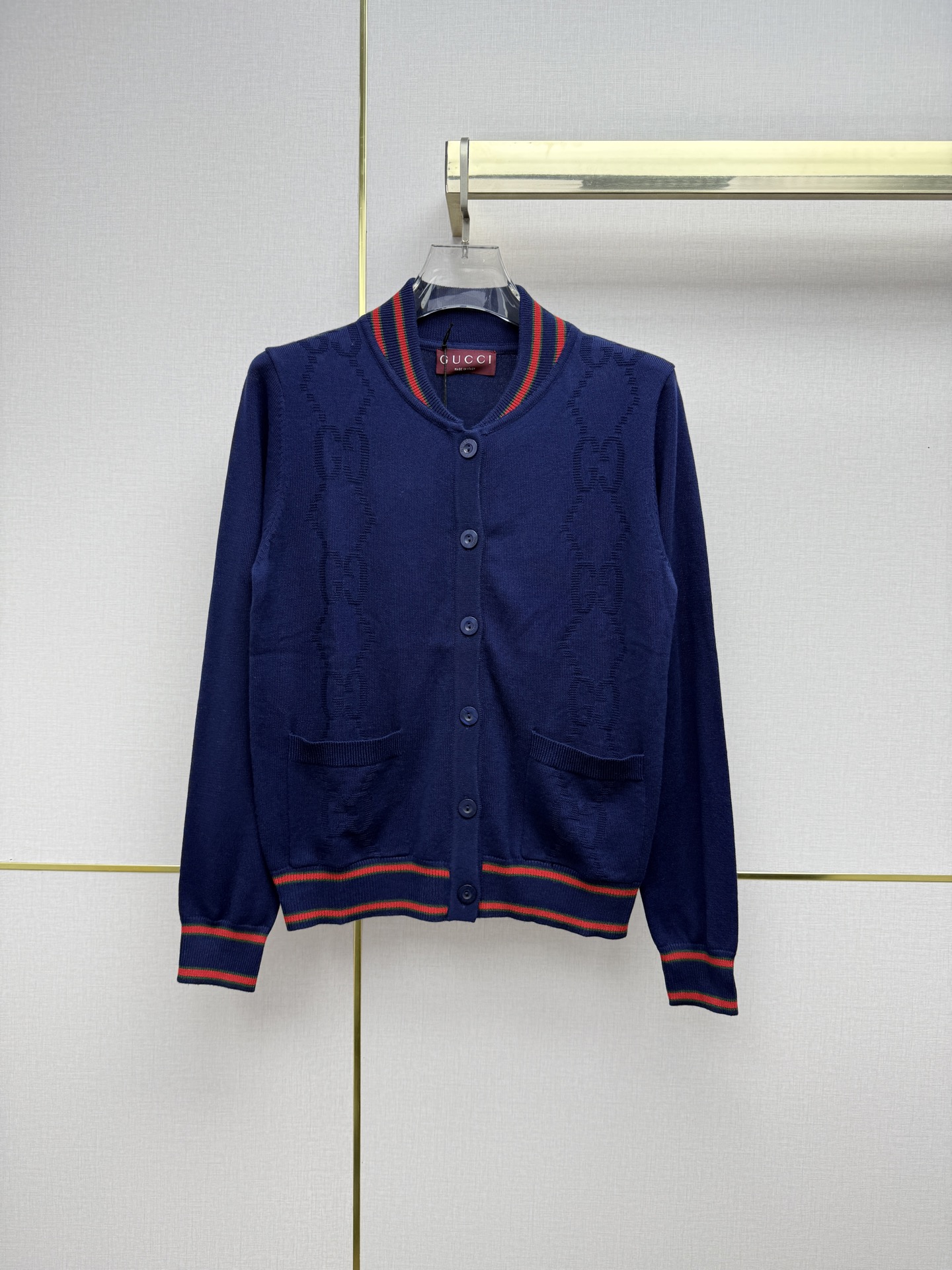 Gucci Navy Stripe Trim Button Cardigan