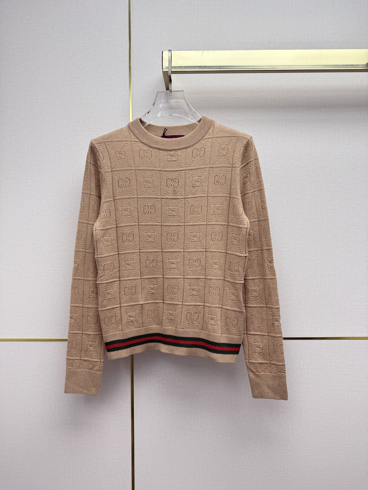Gucci Beige Stripe Trim Crew Neck Sweater