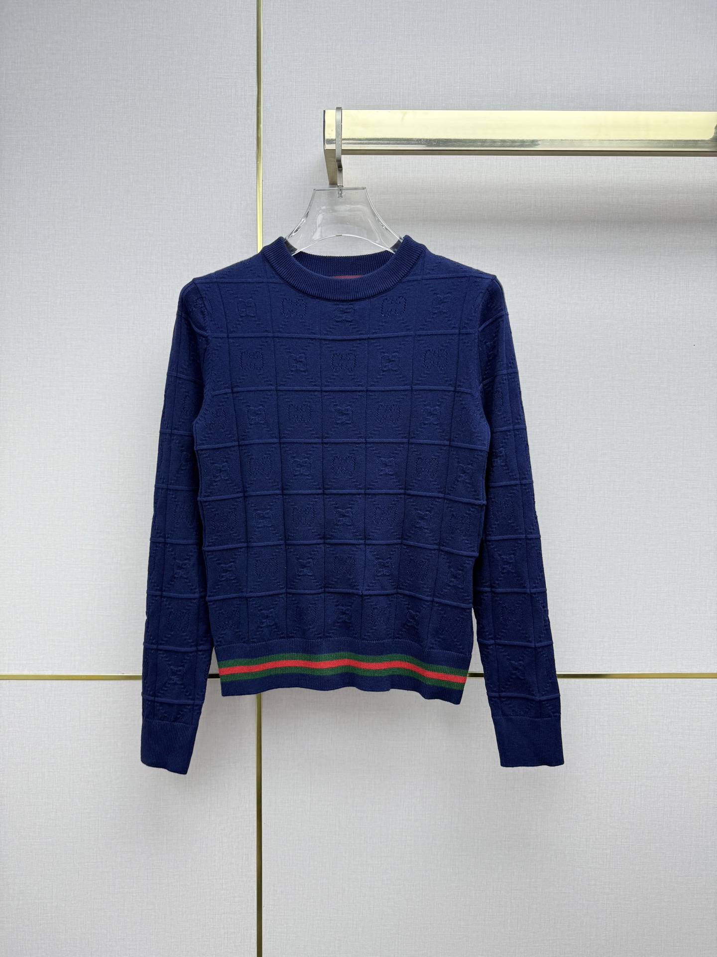 Gucci Navy Stripe Trim Crew Neck Sweater