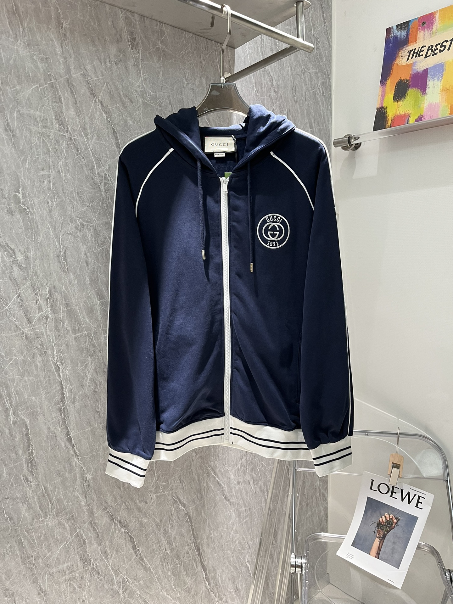 Gucci Ropa Abrigos y chaquetas Negro Azul Empalme Algodón Tejido Poliéster Colección de otoño Vintage Blusa con capucha