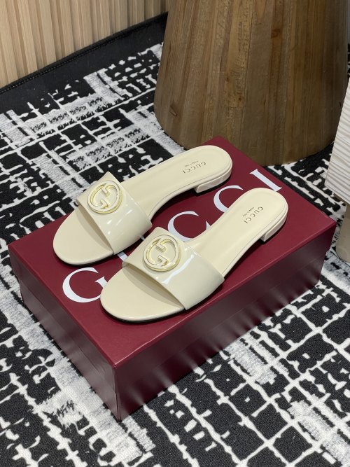 Gucci Women's Leather Open-Toe Flat Slide Sandal with Double G Hardware 1 Gucci Women's Leather Open-Toe Flat Slide Sandal with Double G Hardware