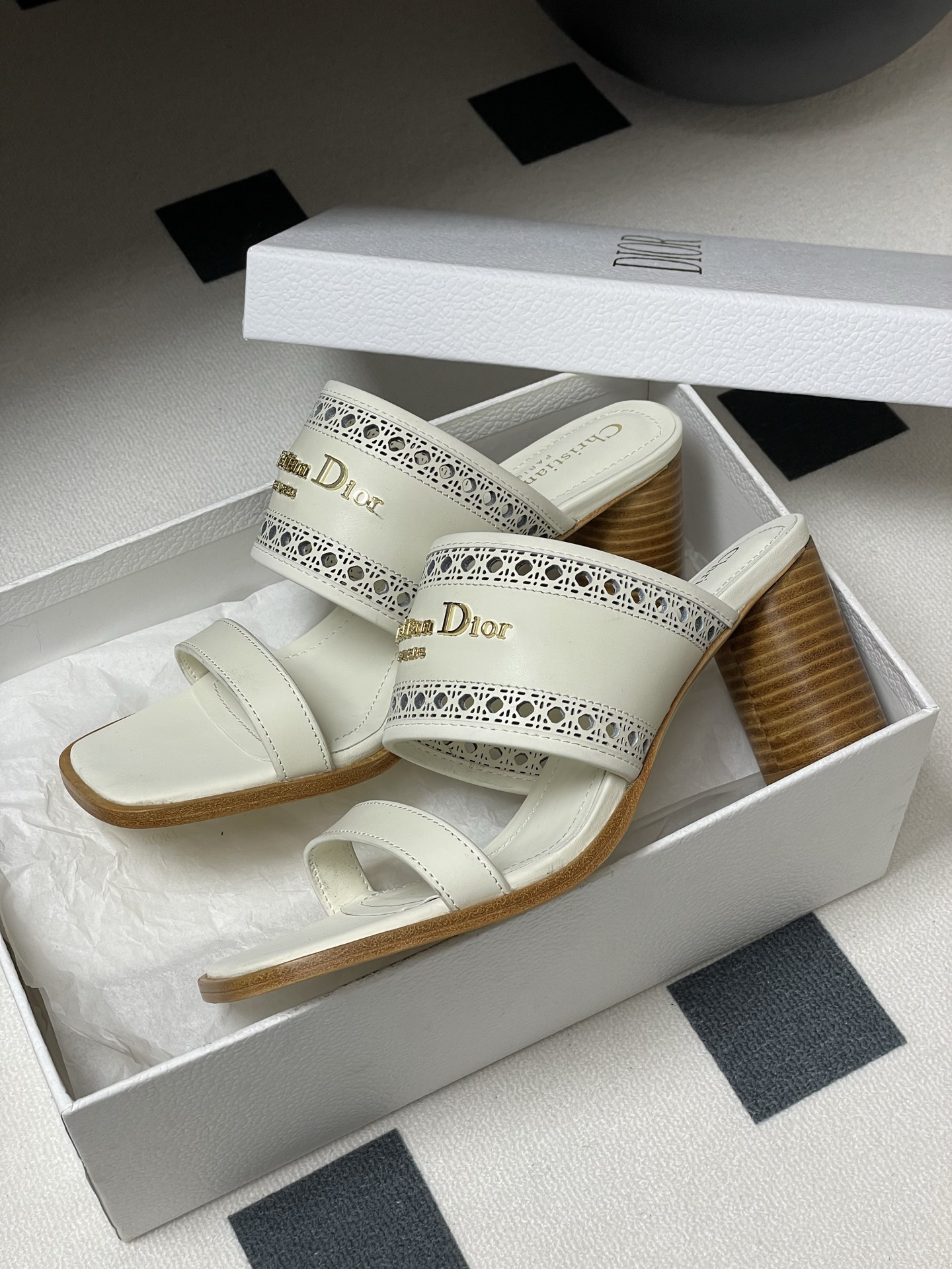 Dior D-Lane Heeled Mules White Leather Cannage Heeled Sandals, 5.5 cm Heel 5 i1741999545574 4421 0 3