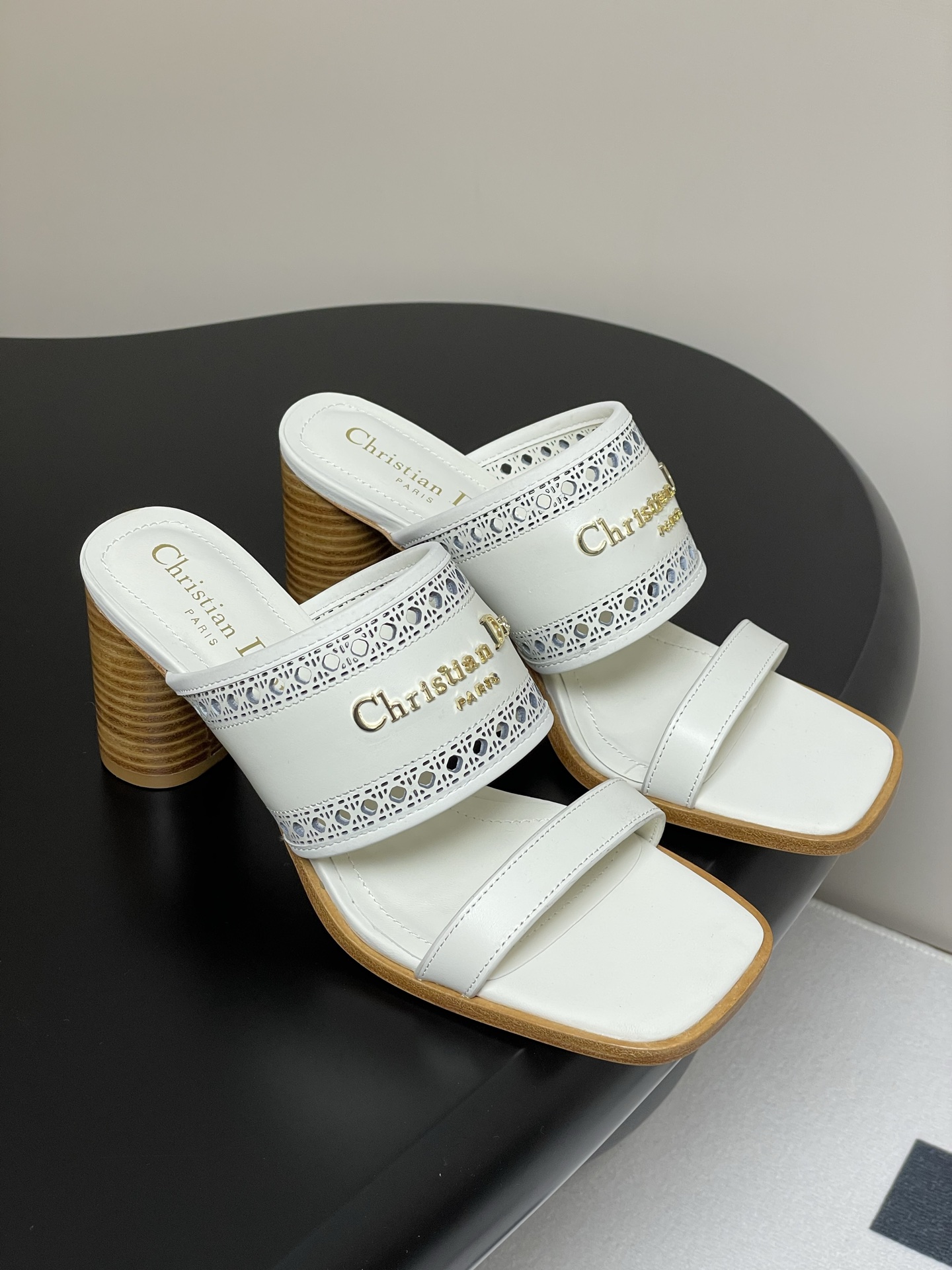 Dior D-Lane Heeled Mules White Leather Cannage Heeled Sandals, 5.5 cm Heel