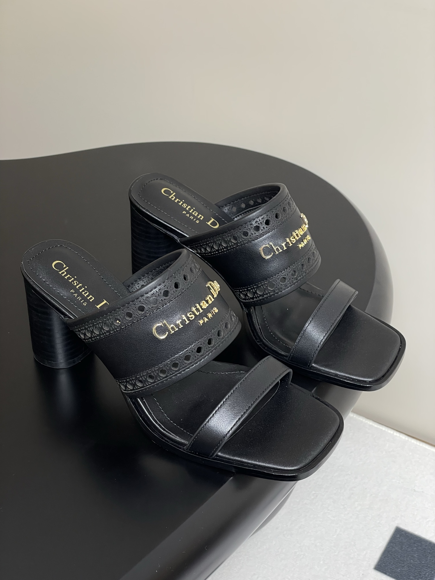 Dior D-Lane Heeled Sandals Black Leather Cannage Heeled Mules