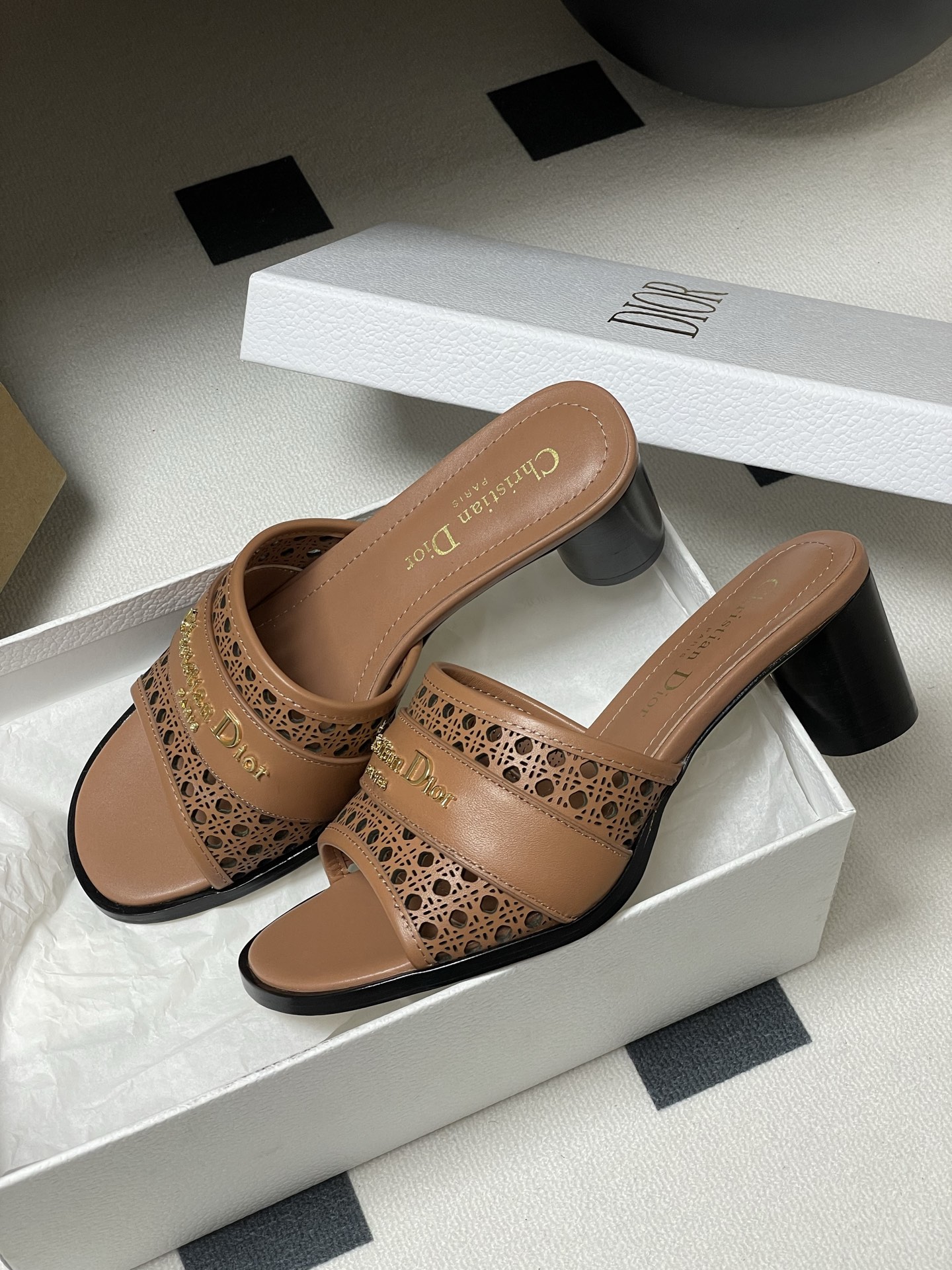 Dior D-Lane Heeled Mules,Openwork Cannage,Leather,Elegant Summer Slides