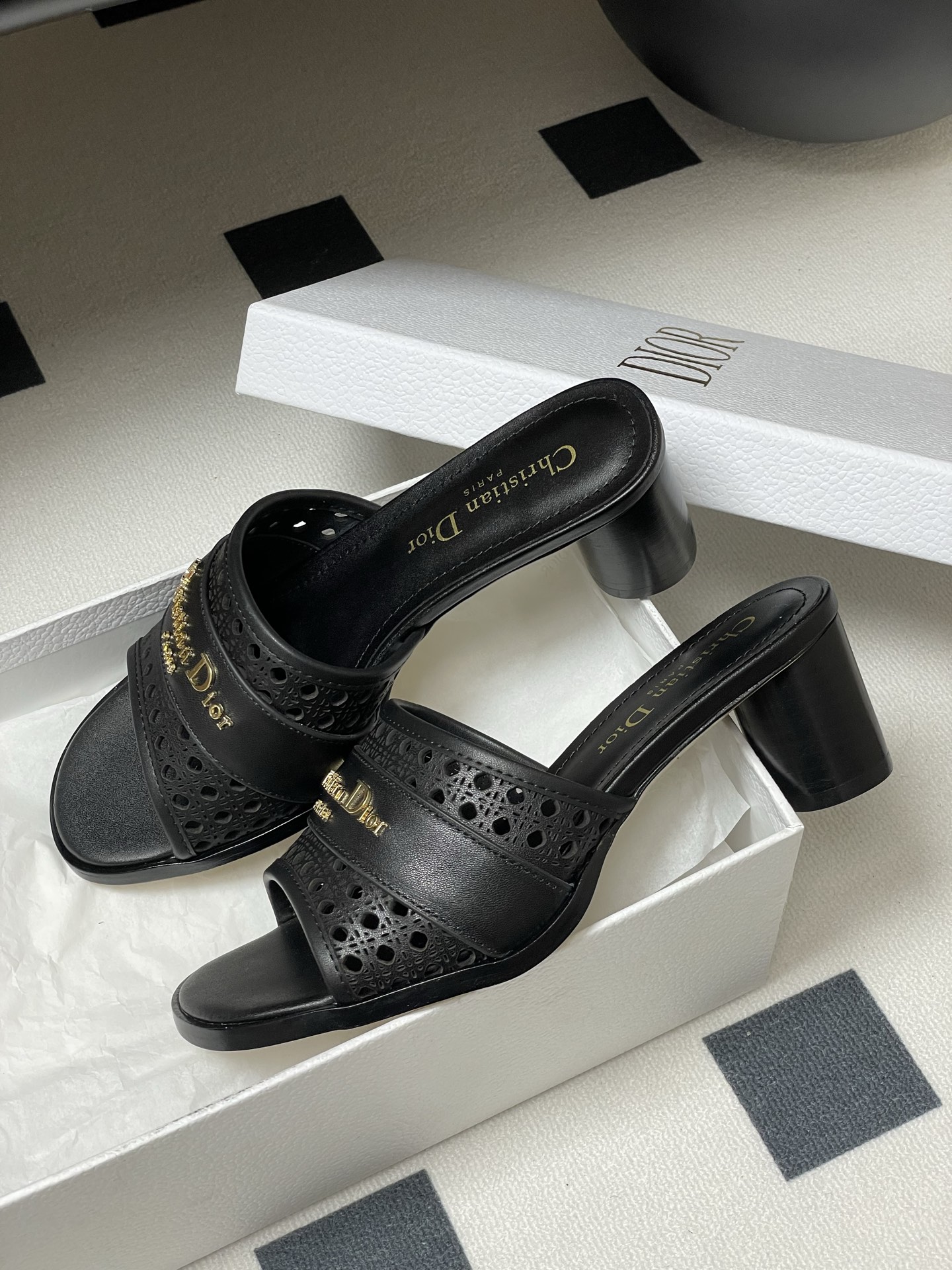 Dior D-Lane Heeled Mules - Black Leather Cannage High Heel Sandals