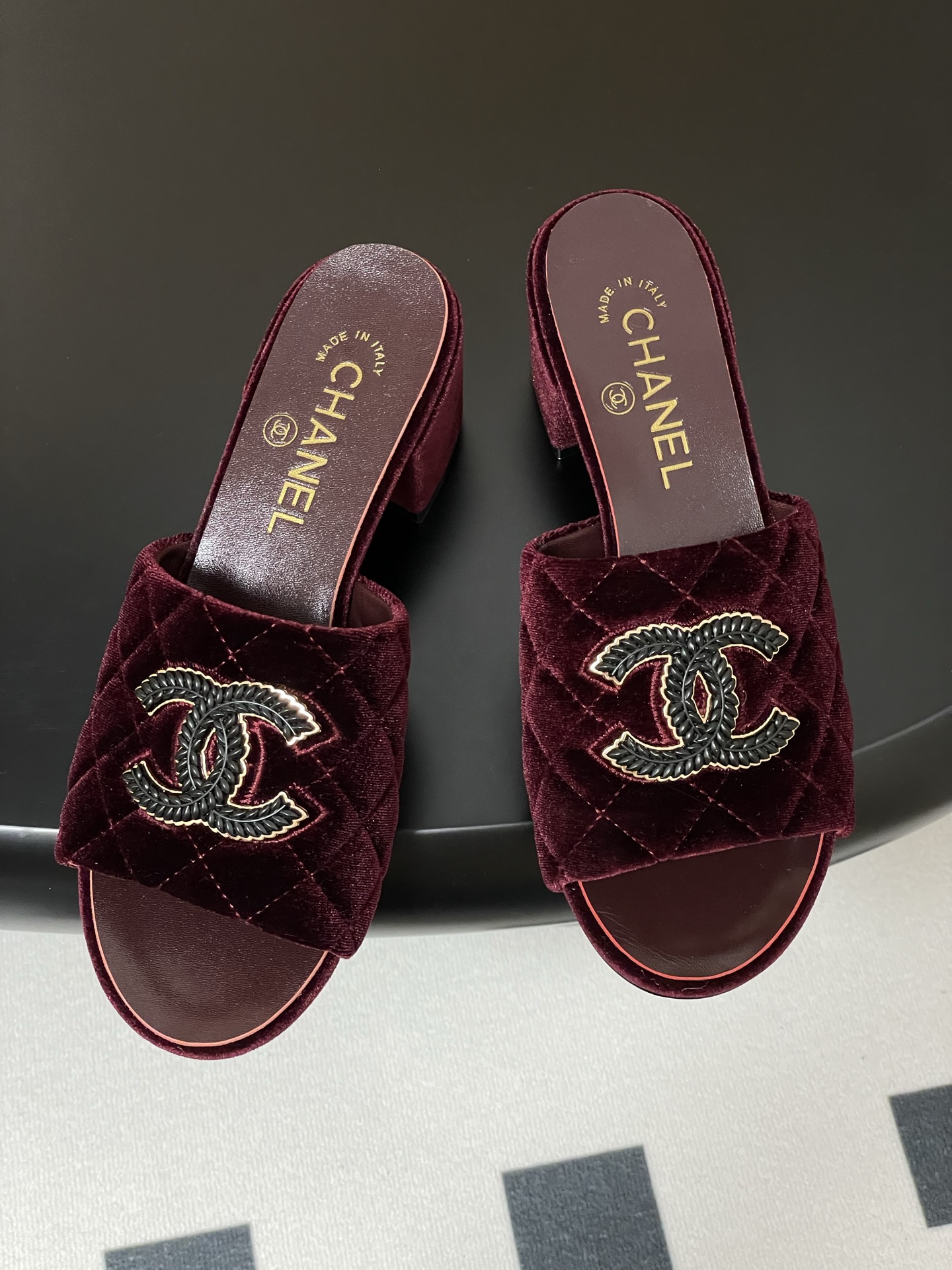 Chanel Velvet Quilted Block Heel Sandals with CC Logo - Burgundy 4 i1742251609559 6400 0 1