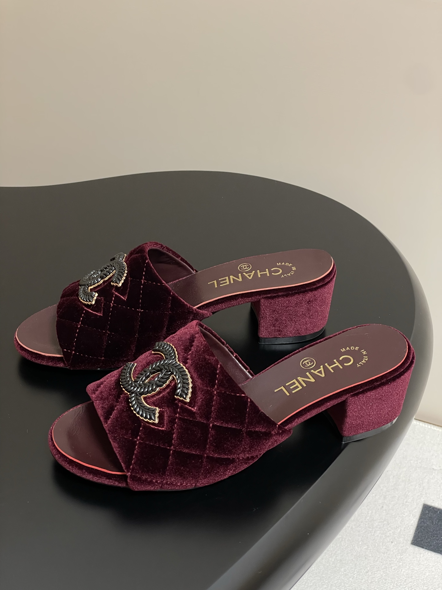 Chanel Velvet Quilted Block Heel Sandals with CC Logo - Burgundy 5 i1742251609737 9217 0 2