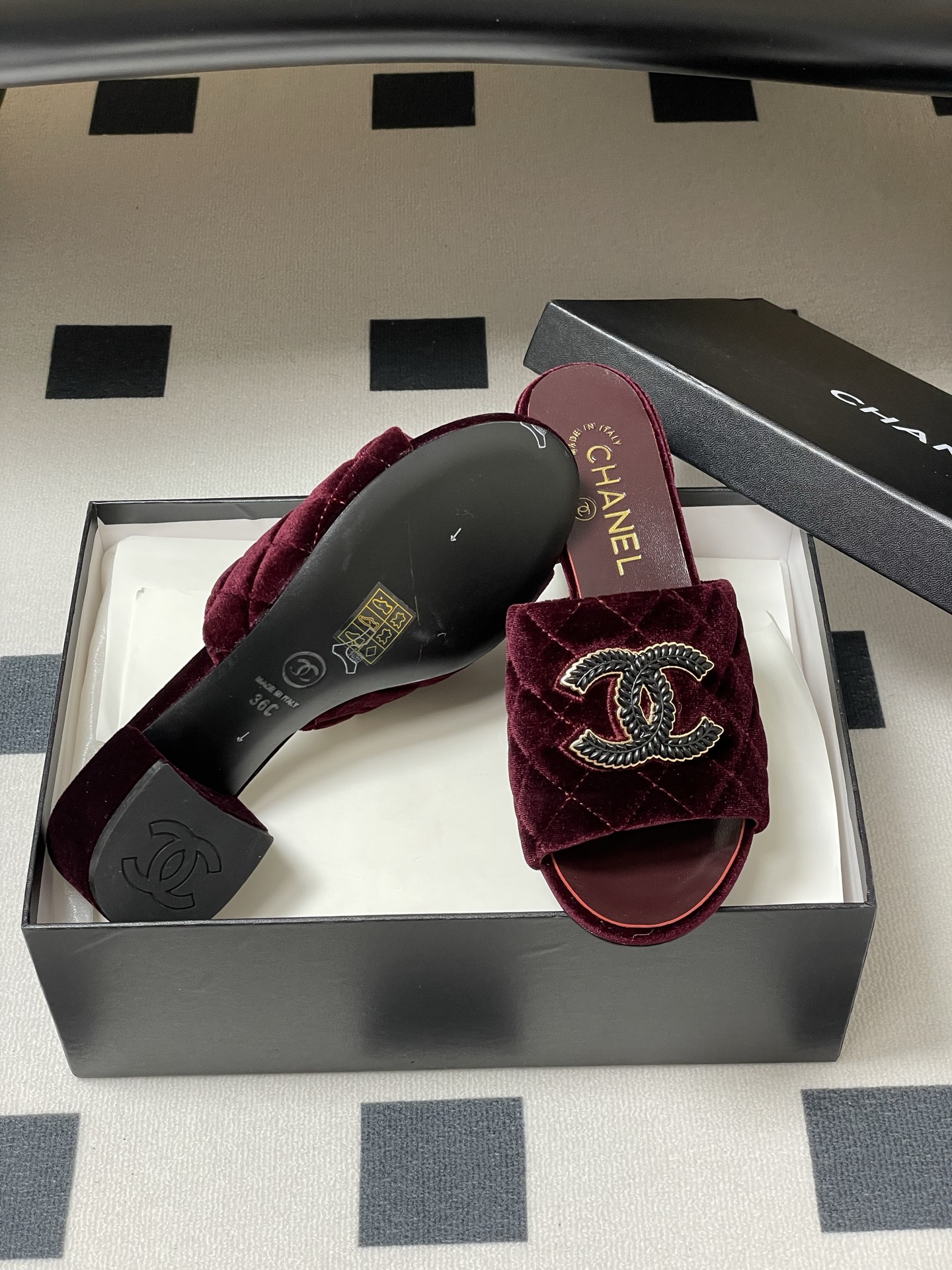 Chanel Velvet Quilted Block Heel Sandals with CC Logo - Burgundy 8 i1742251609742 5446 0 6