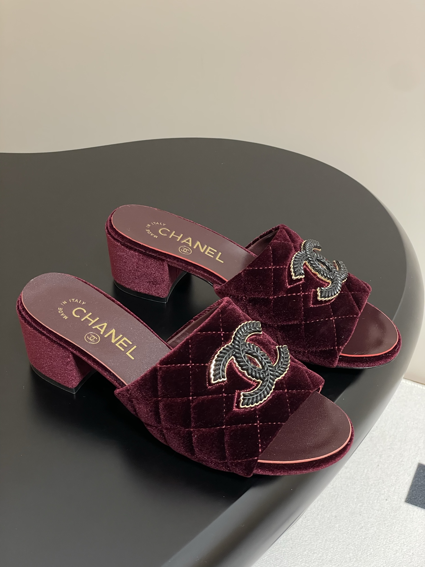 Chanel Velvet Quilted Block Heel Sandals with CC Logo - Burgundy 3 i1742251610645 9477 0 0