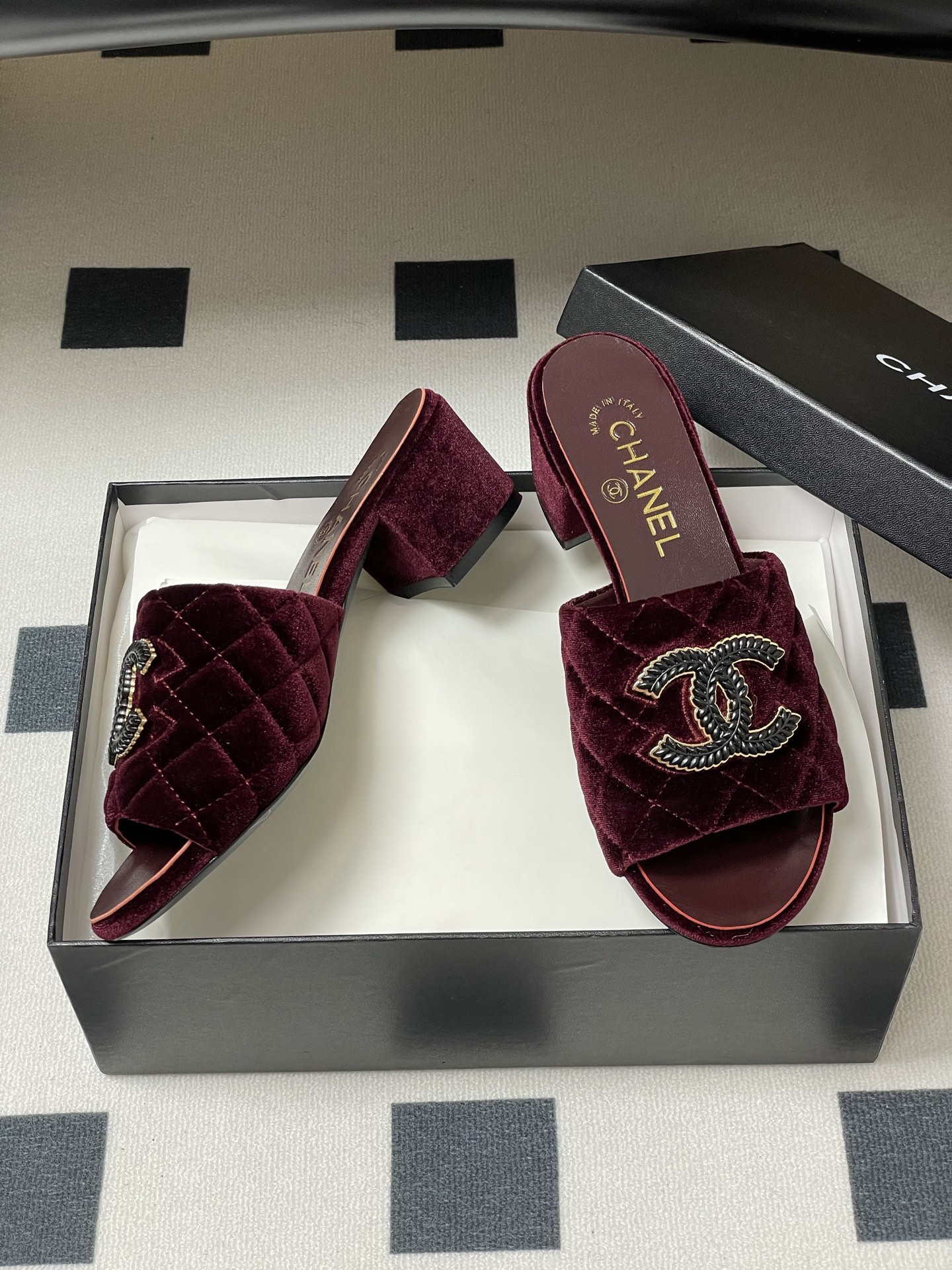 Chanel Velvet Quilted Block Heel Sandals with CC Logo - Burgundy 6 i1742251610646 6767 0 4