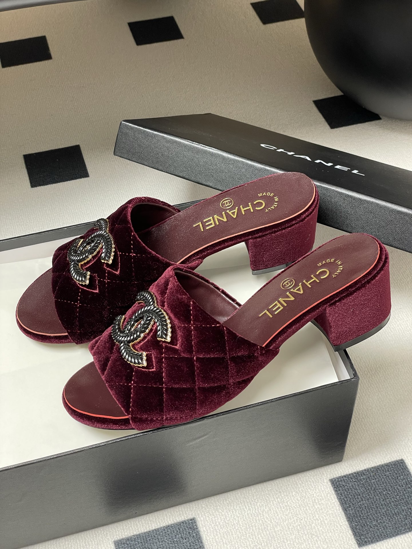Chanel Velvet Quilted Block Heel Sandals with CC Logo - Burgundy