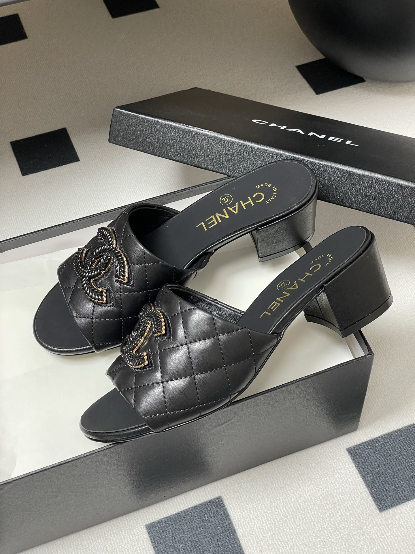 Chanel Black Leather Quilted Heeled Sandals with CC Logo, Women's Size