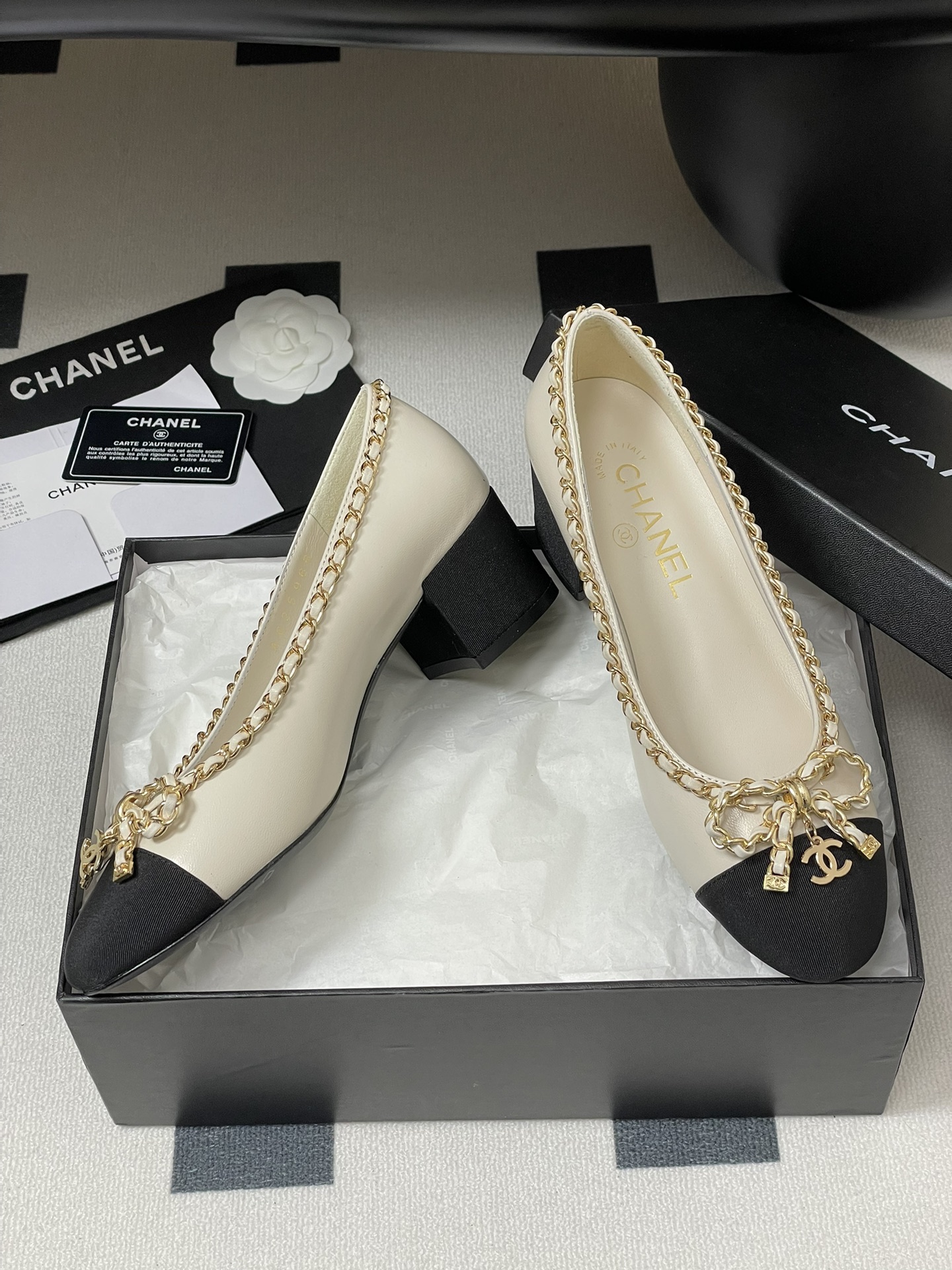 Chanel Chain Bow Pumps Block Heel Lambskin Leather, Elegant Women's Shoes 7 i1743636195 363 0