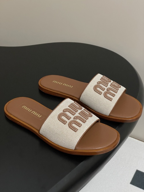 Miu Miu Women's Logo-Embellished Raffia Slide Sandals, Beige/Brown 1 Miu Miu Women's Logo-Embellished Raffia Slide Sandals, Beige/Brown