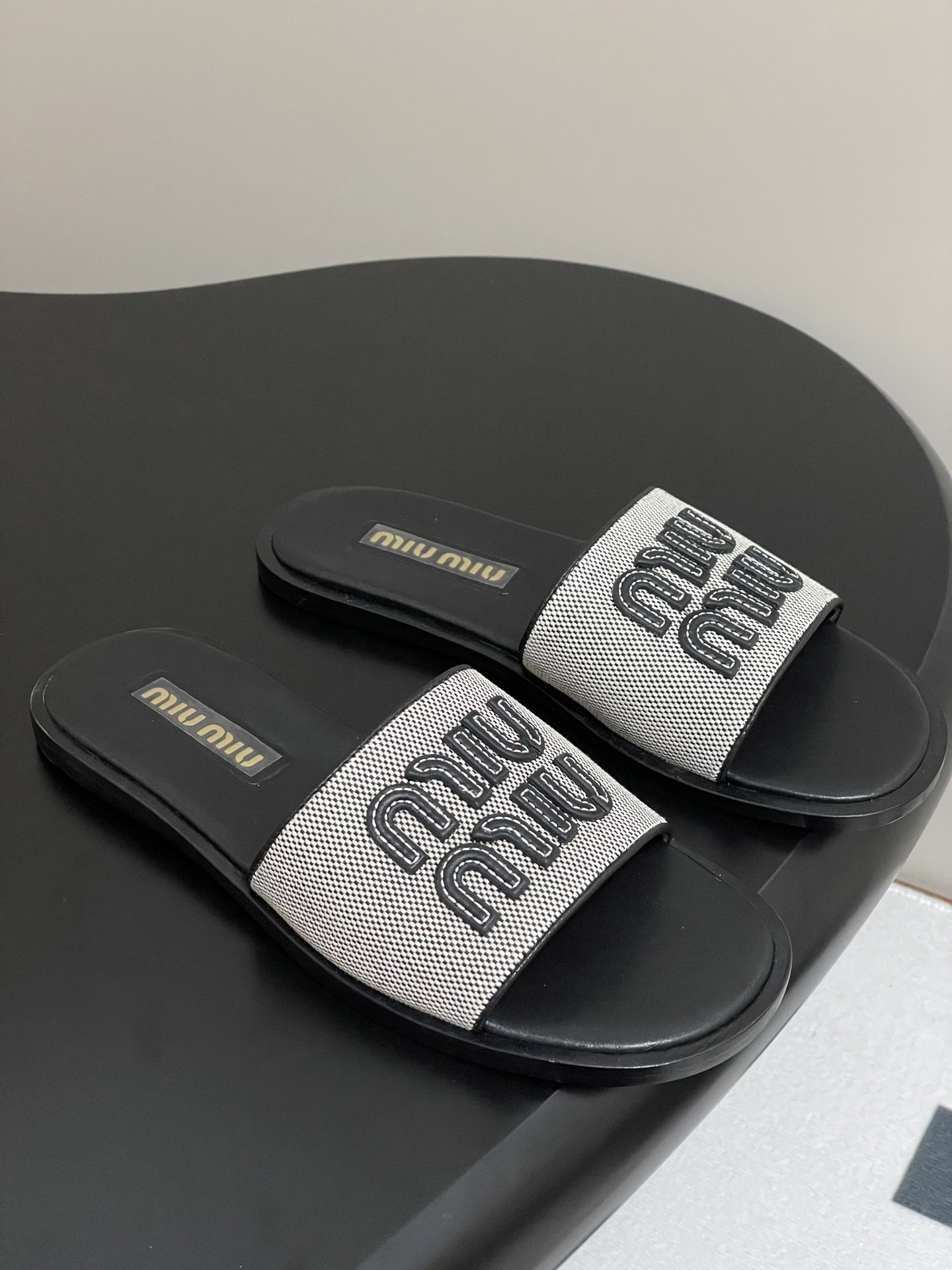 Miu Miu Linen Logo Flat Slides - Chic Summer Sandals for Women