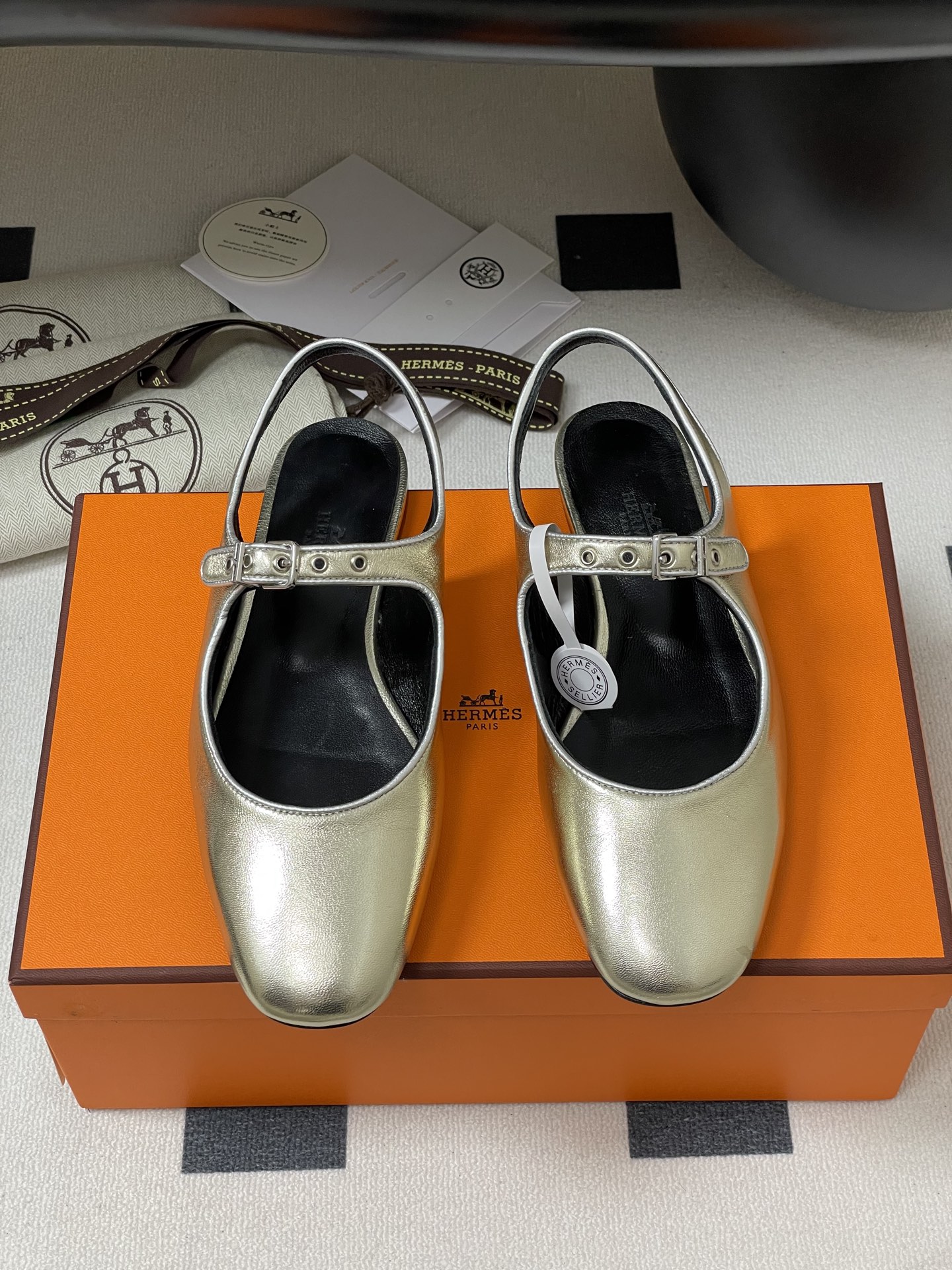 Hermes Women's Gold Mary Jane Ballet Flats with 'H' Buckle 6 i1745877364904 4867 0 0