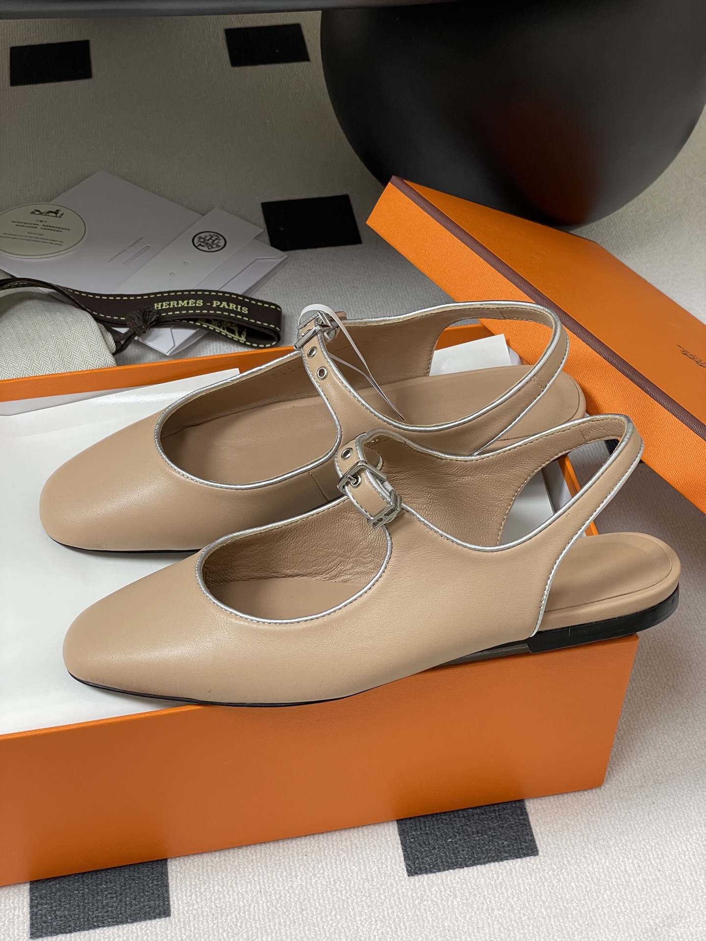 Hermes Women's Mary Jane Ballet Flats Leather Beige with Silver Trim 5 i1745877399376 8489 0 3