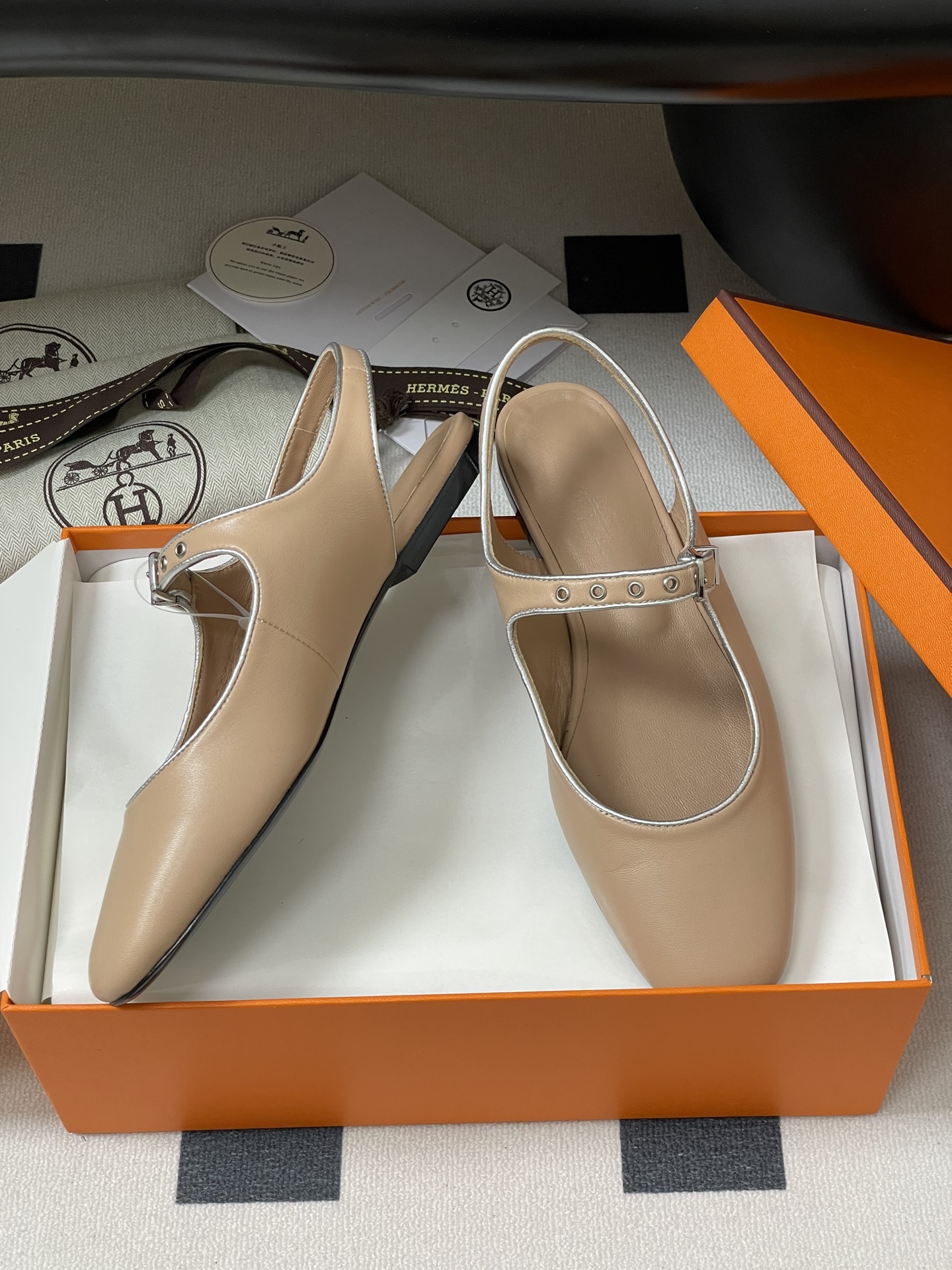 Hermes Women's Mary Jane Ballet Flats Leather Beige with Silver Trim 7 i1745877399441 4098 0 4