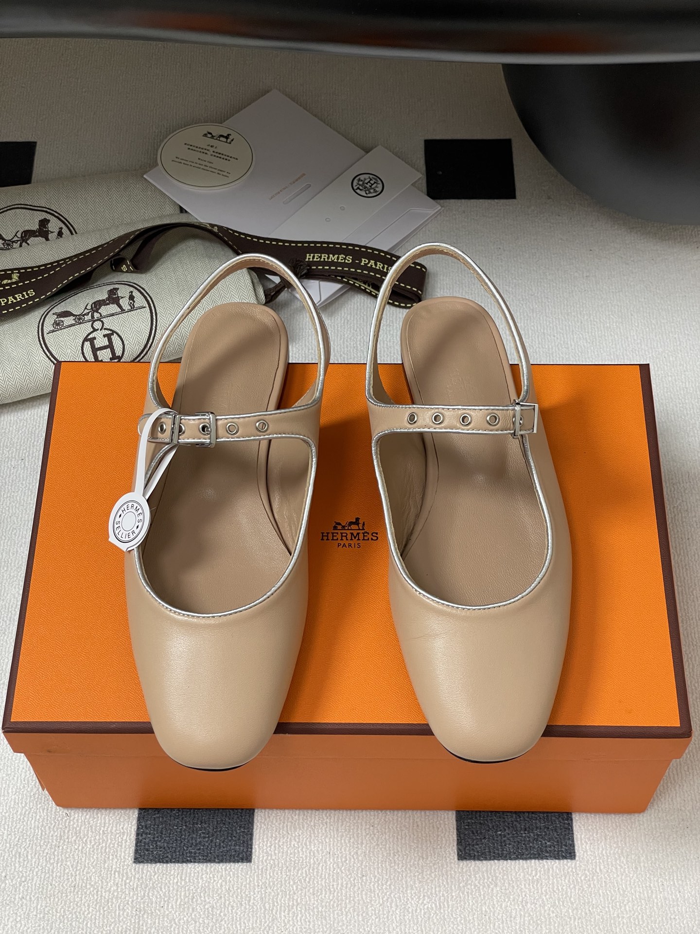 Hermes Women's Mary Jane Ballet Flats Leather Beige with Silver Trim 6 i1745877399589 1561 0 0