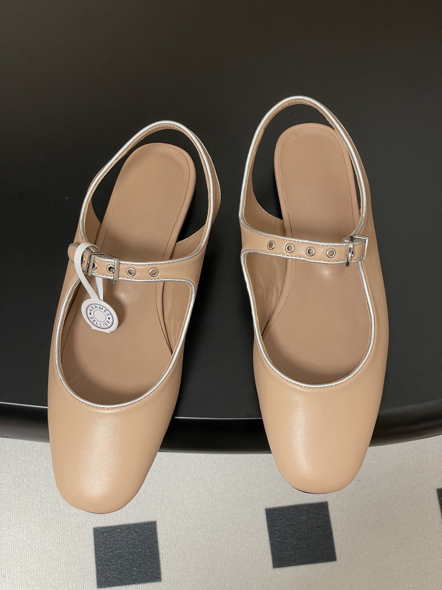 Hermes Women's Mary Jane Ballet Flats Leather Beige with Silver Trim 3 i1745877399783 1349 0 8