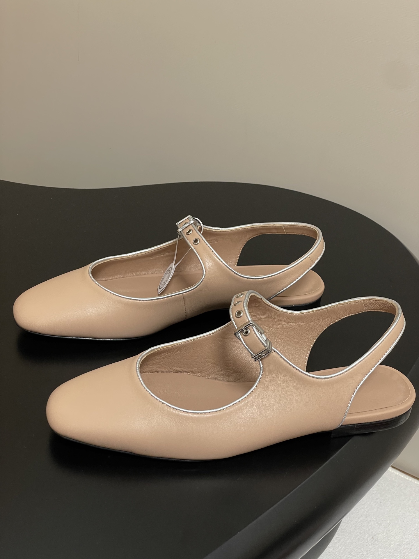 Hermes Women's Mary Jane Ballet Flats Leather Beige with Silver Trim 4 i1745877399808 9648 0 7