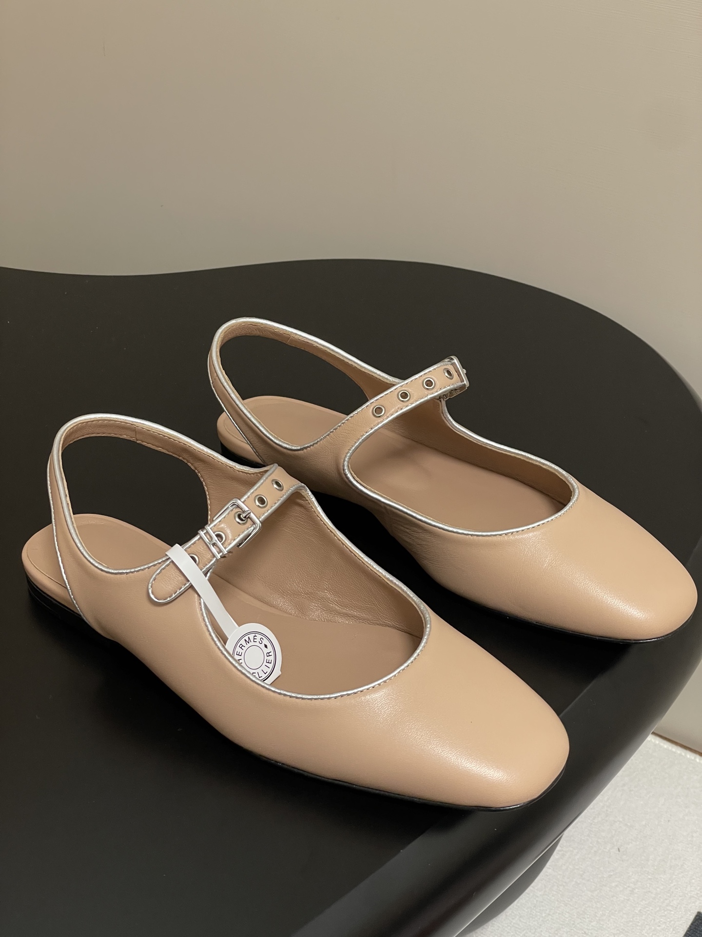 Hermes Women's Mary Jane Ballet Flats Leather Beige with Silver Trim 2 i1745877401490 5157 0 6