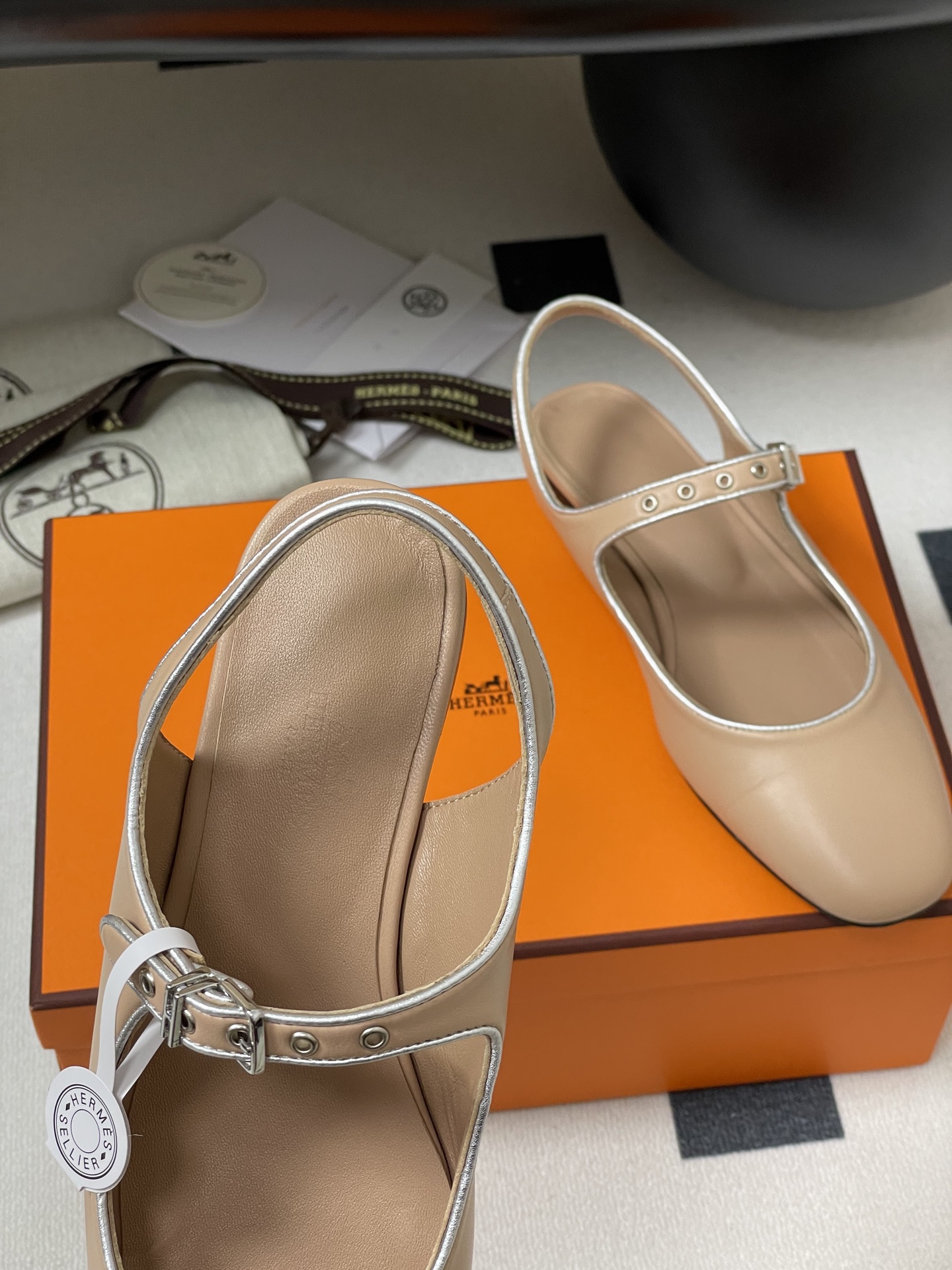 Hermes Women's Mary Jane Ballet Flats Leather Beige with Silver Trim 8 i1745877401562 4833 0 1