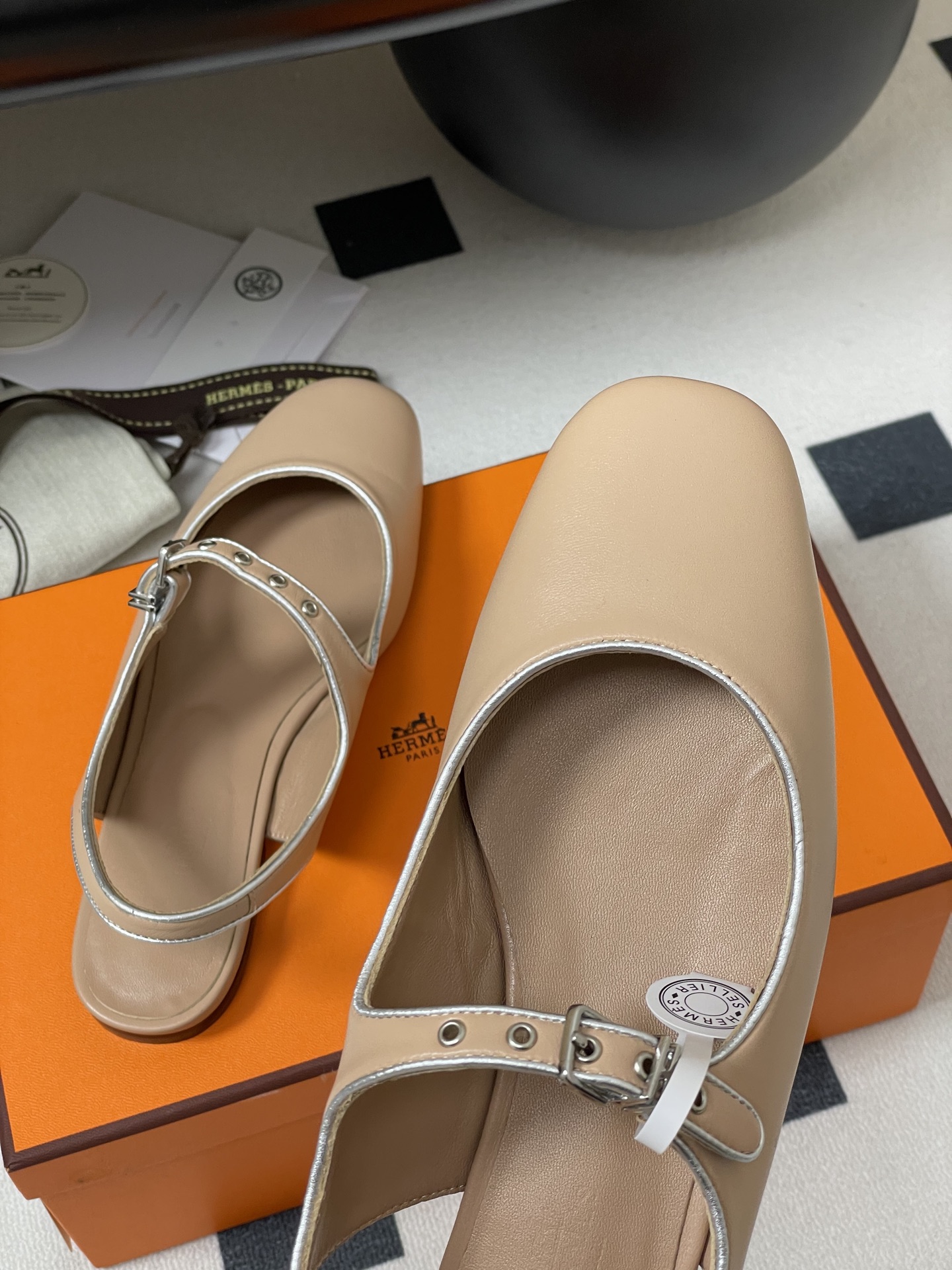 Hermes Women's Mary Jane Ballet Flats Leather Beige with Silver Trim 10 i1745877401573 6371 0 5