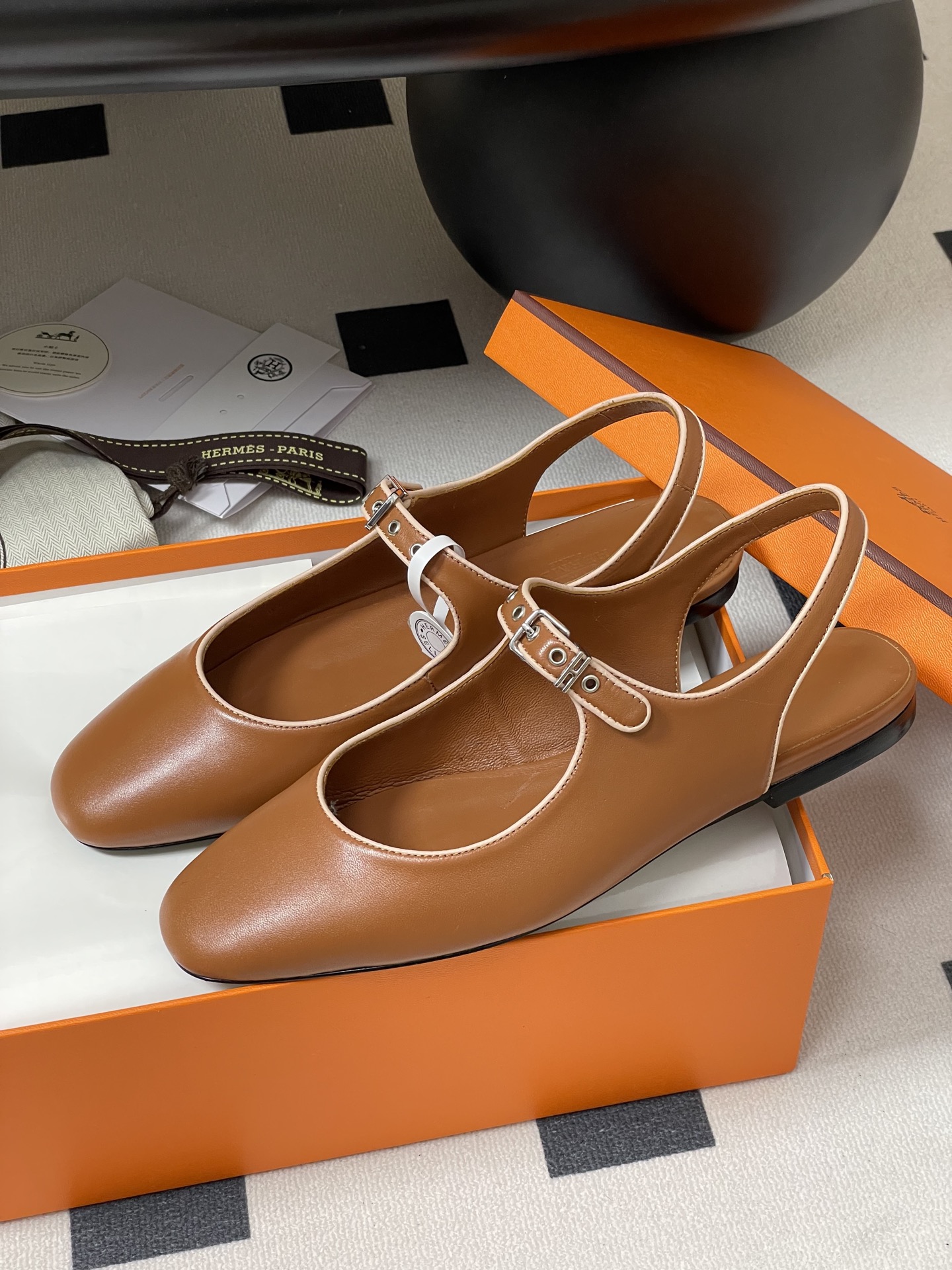Hermes Women's Brown Leather Mary Jane Ballet Flats with Ankle Strap 5 i1745877427766 405 0 0