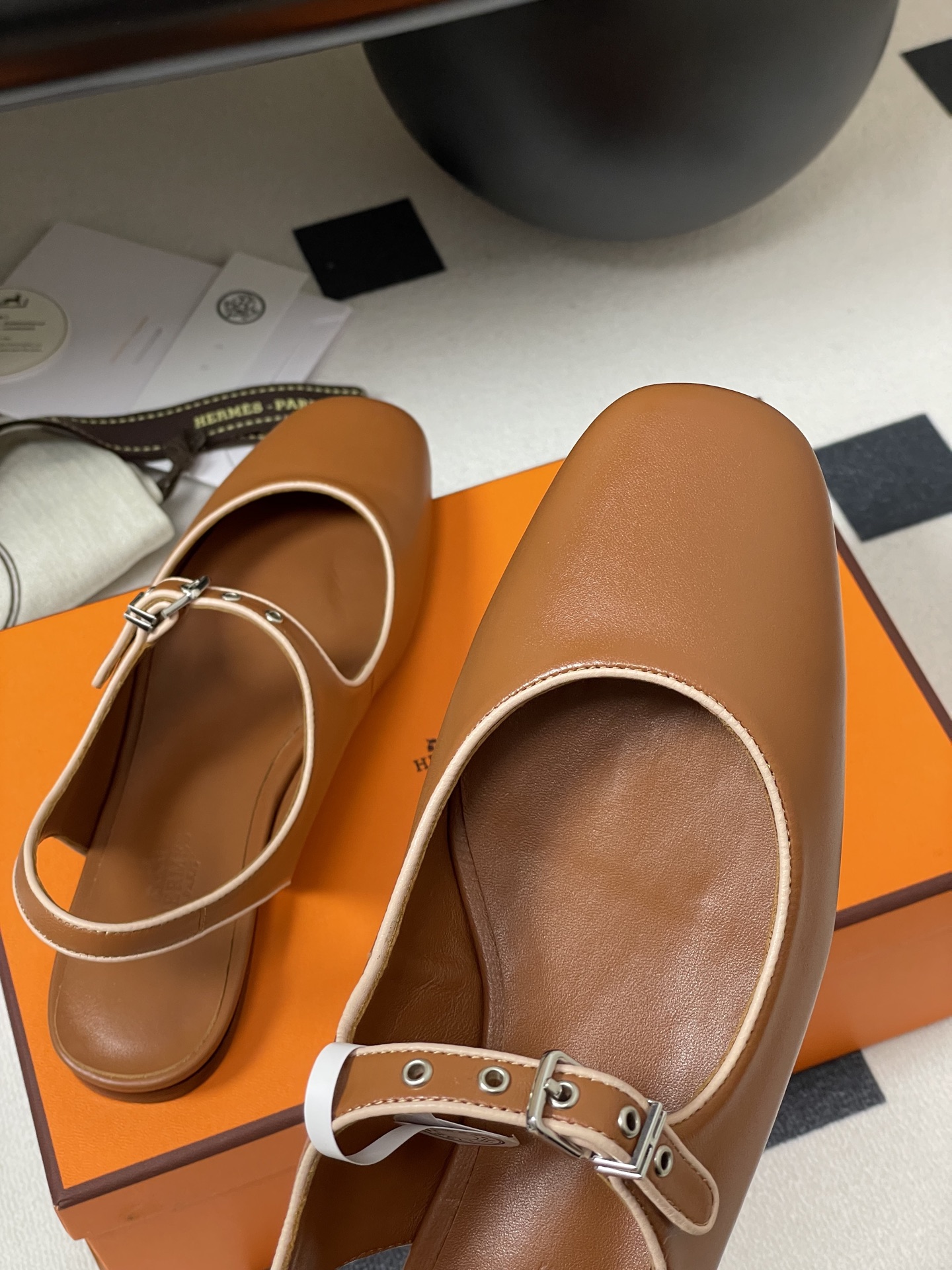 Hermes Women's Brown Leather Mary Jane Ballet Flats with Ankle Strap 10 i1745877428108 4177 0 5